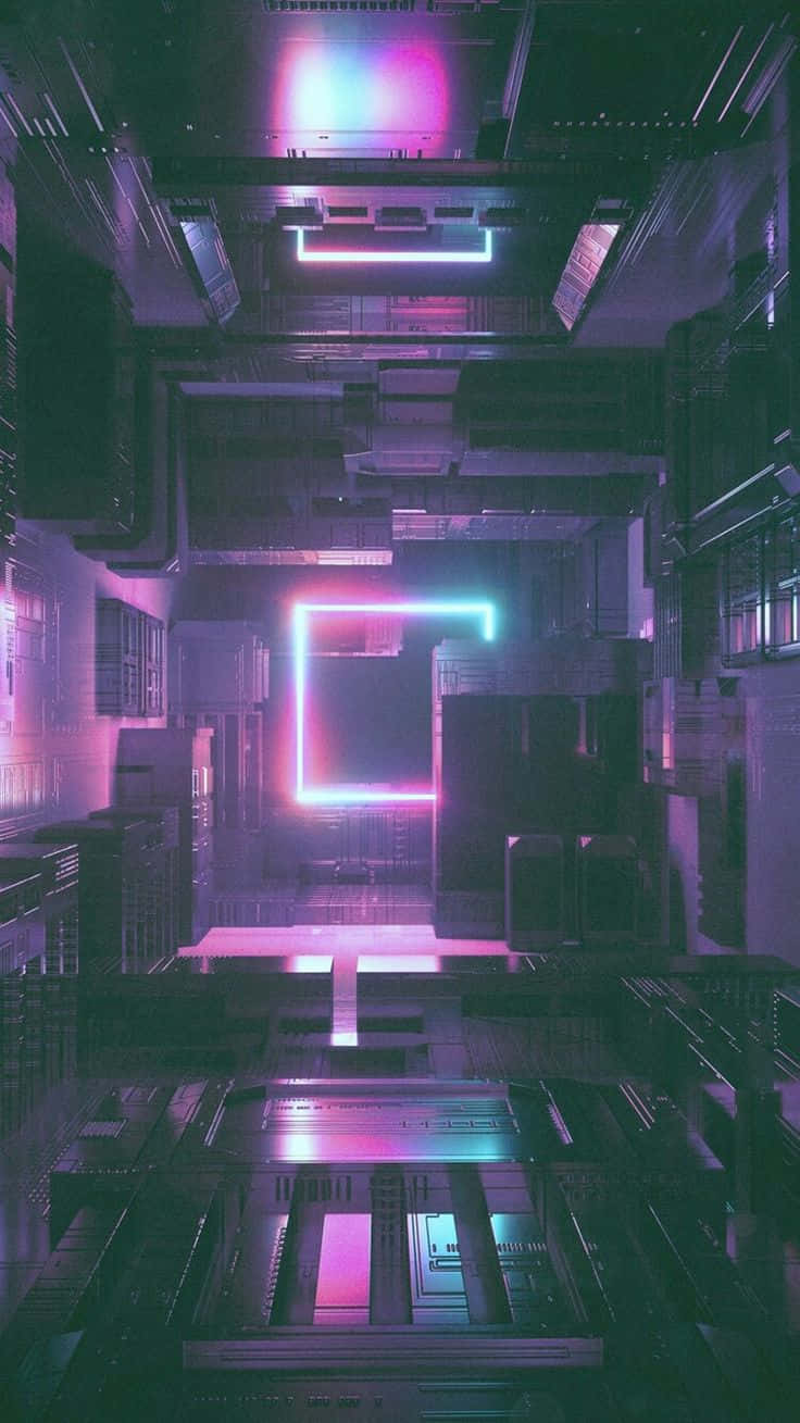 A Futuristic Space With Neon Lights And A Neon Sign Background