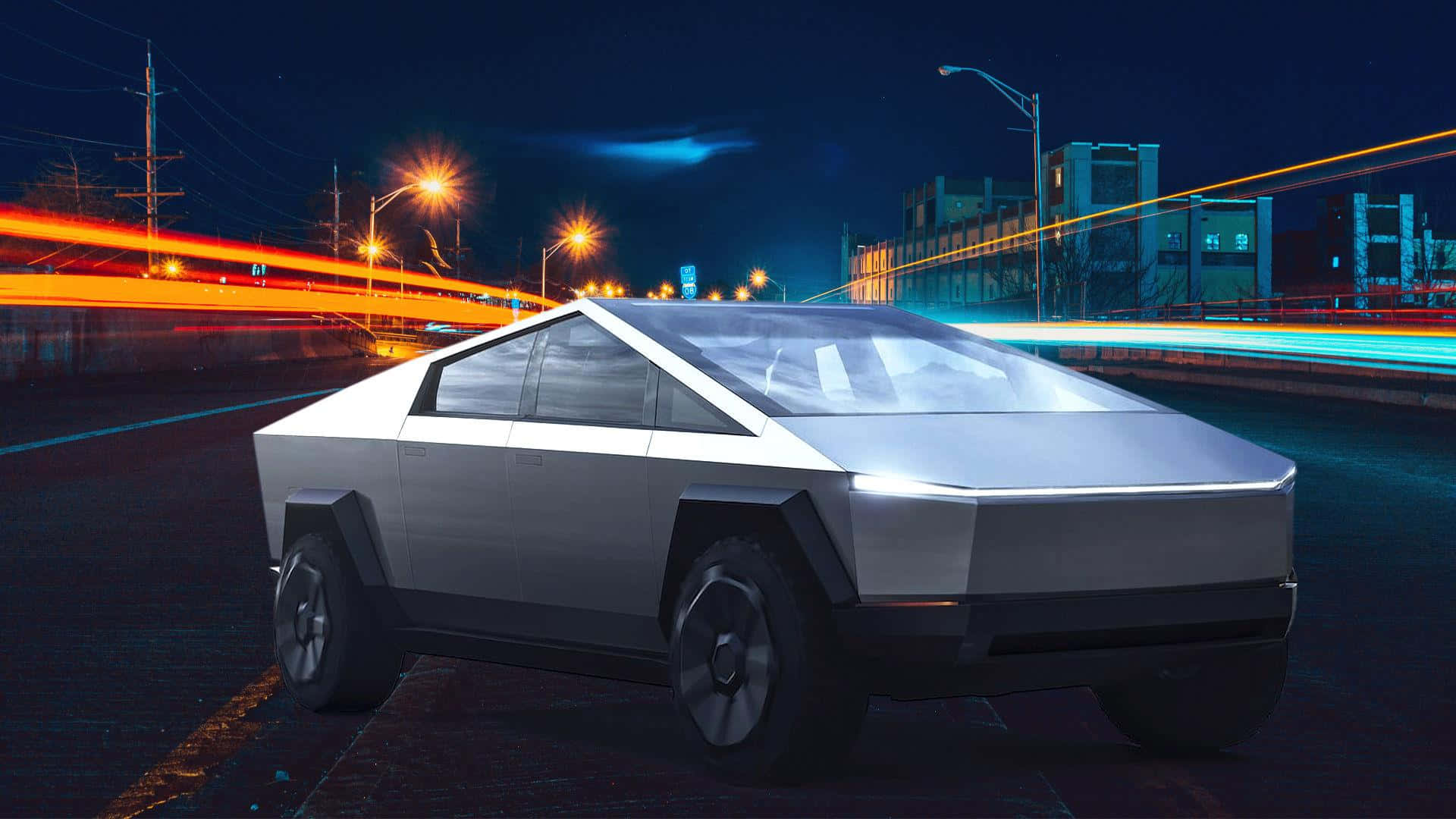 A Futuristic Vehicle Driving Down The Street At Night Background