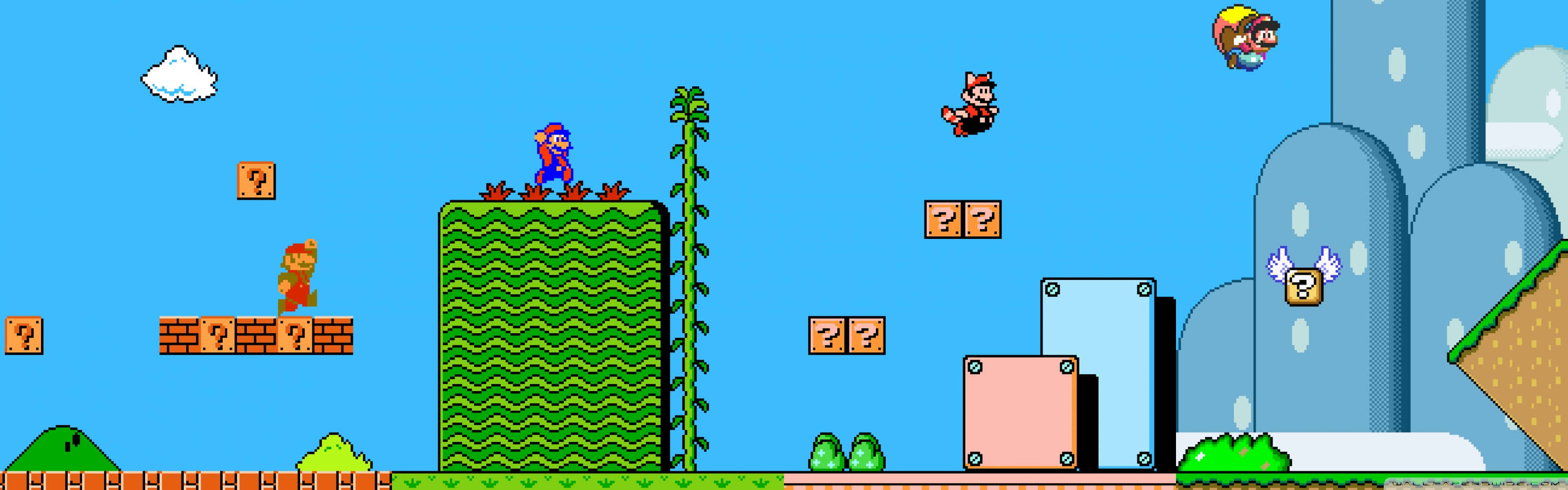 A Game With A Mario Bros Character Flying Over A City Background