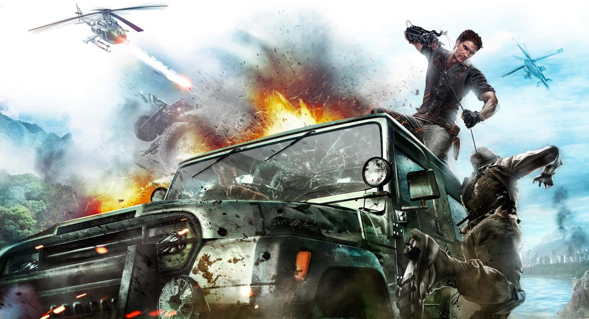 A Game With Zombies And Helicopters On The Cover Background