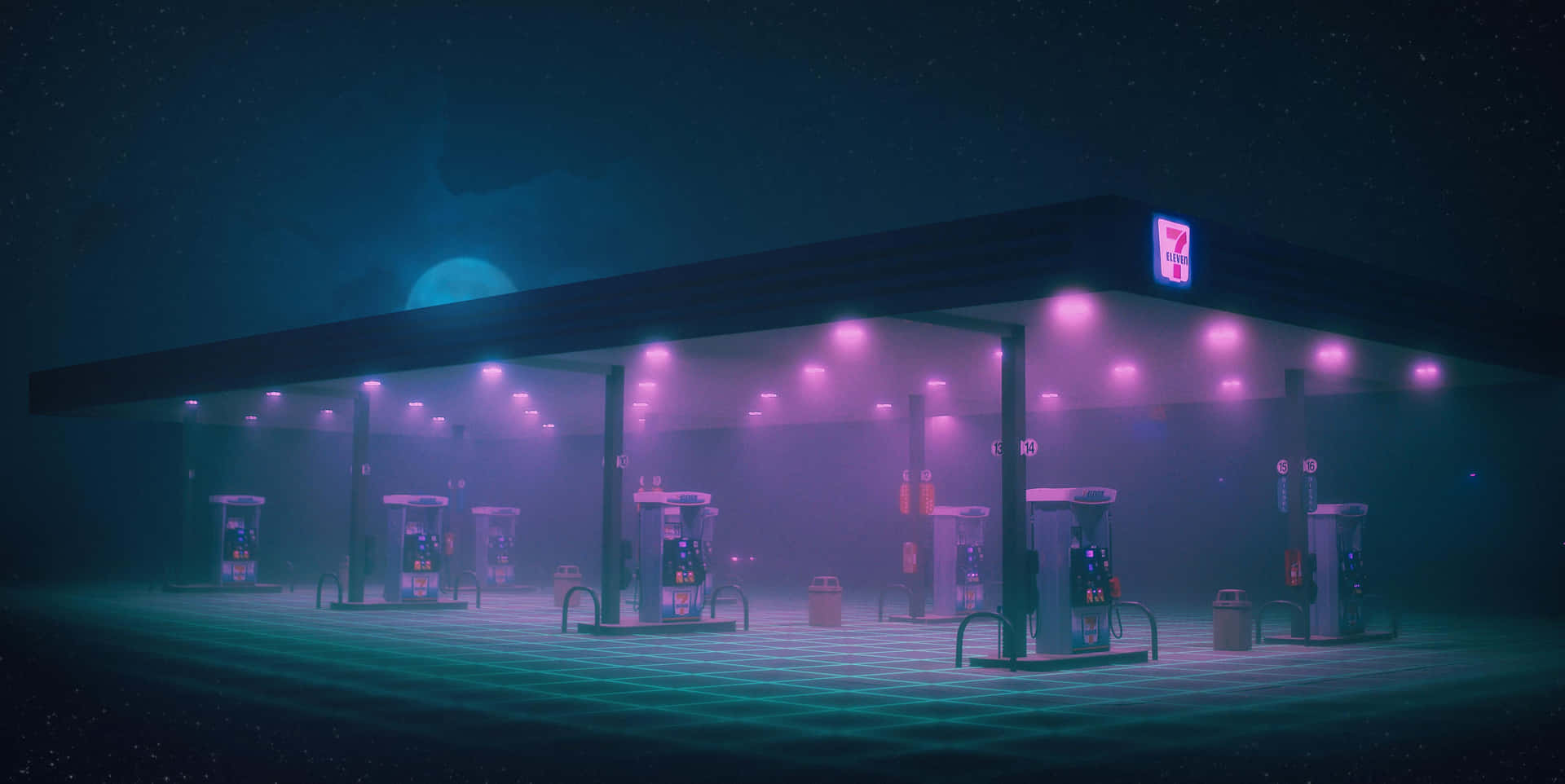 A Gas Station With Neon Lights At Night