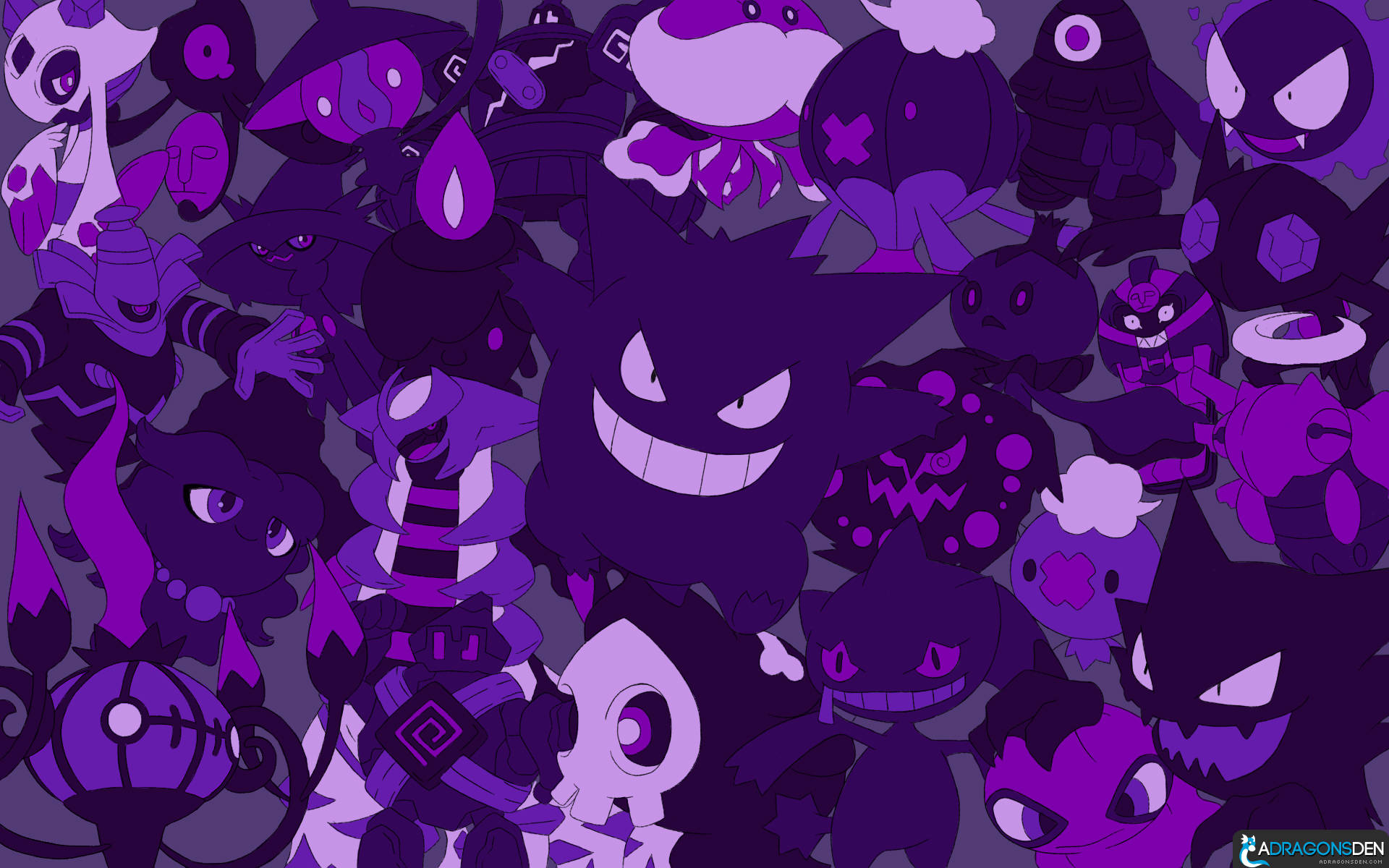 A Gengar In An Eerie Patterned Forest Of Purple Pokemons.