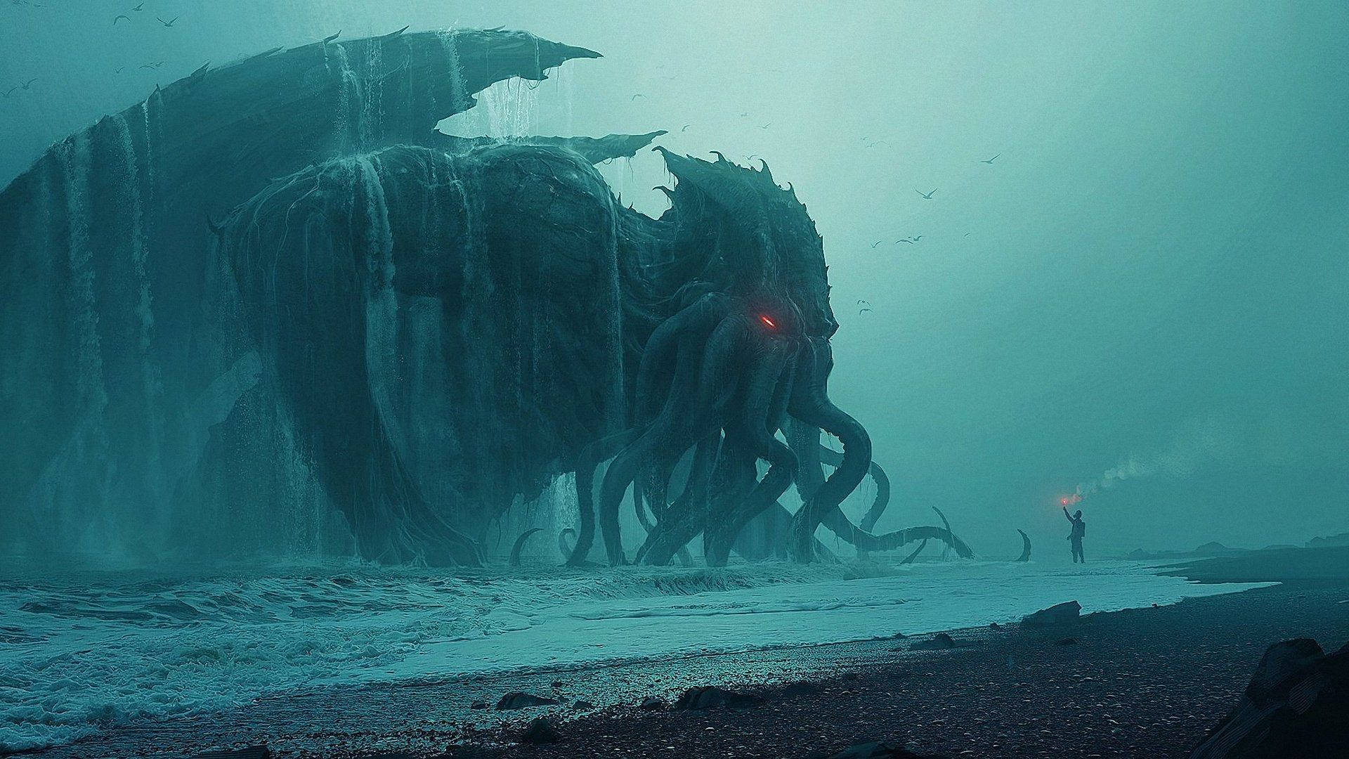 A Giant Creature Is Standing On The Beach Background