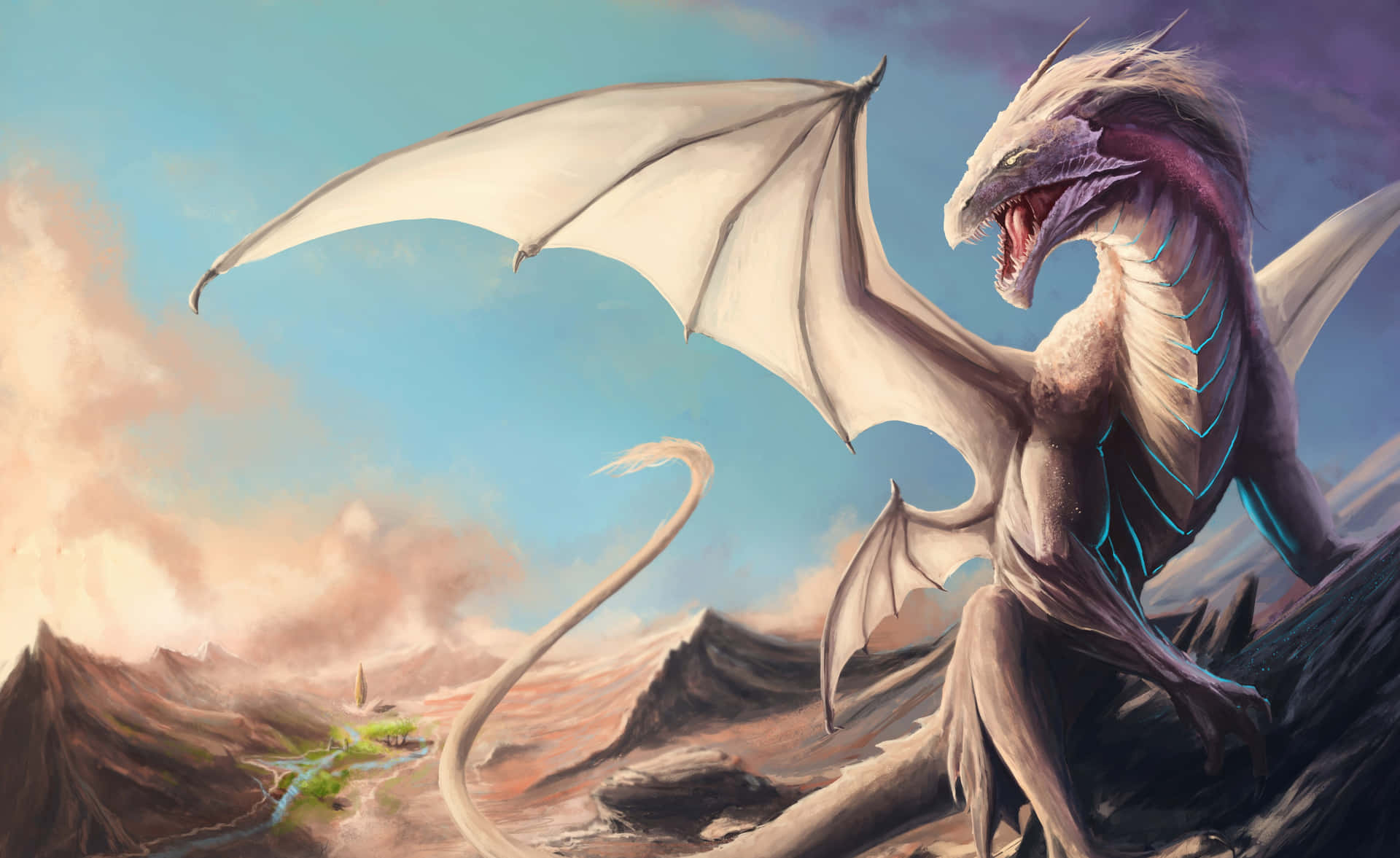 A Giant, Majestic Mythical Dragon Flying In The Skies Background