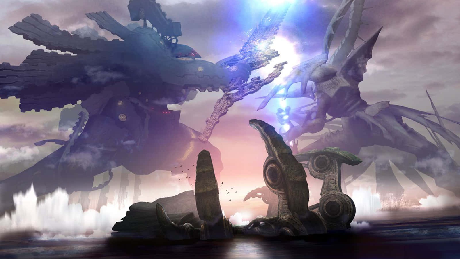 A Giant Robot Is Fighting A Giant Monster Background
