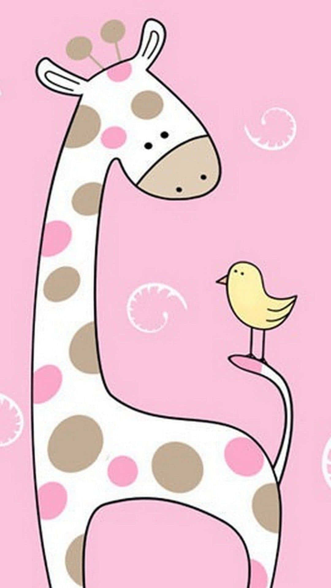 A Giraffe And Bird On A Pink Background Background