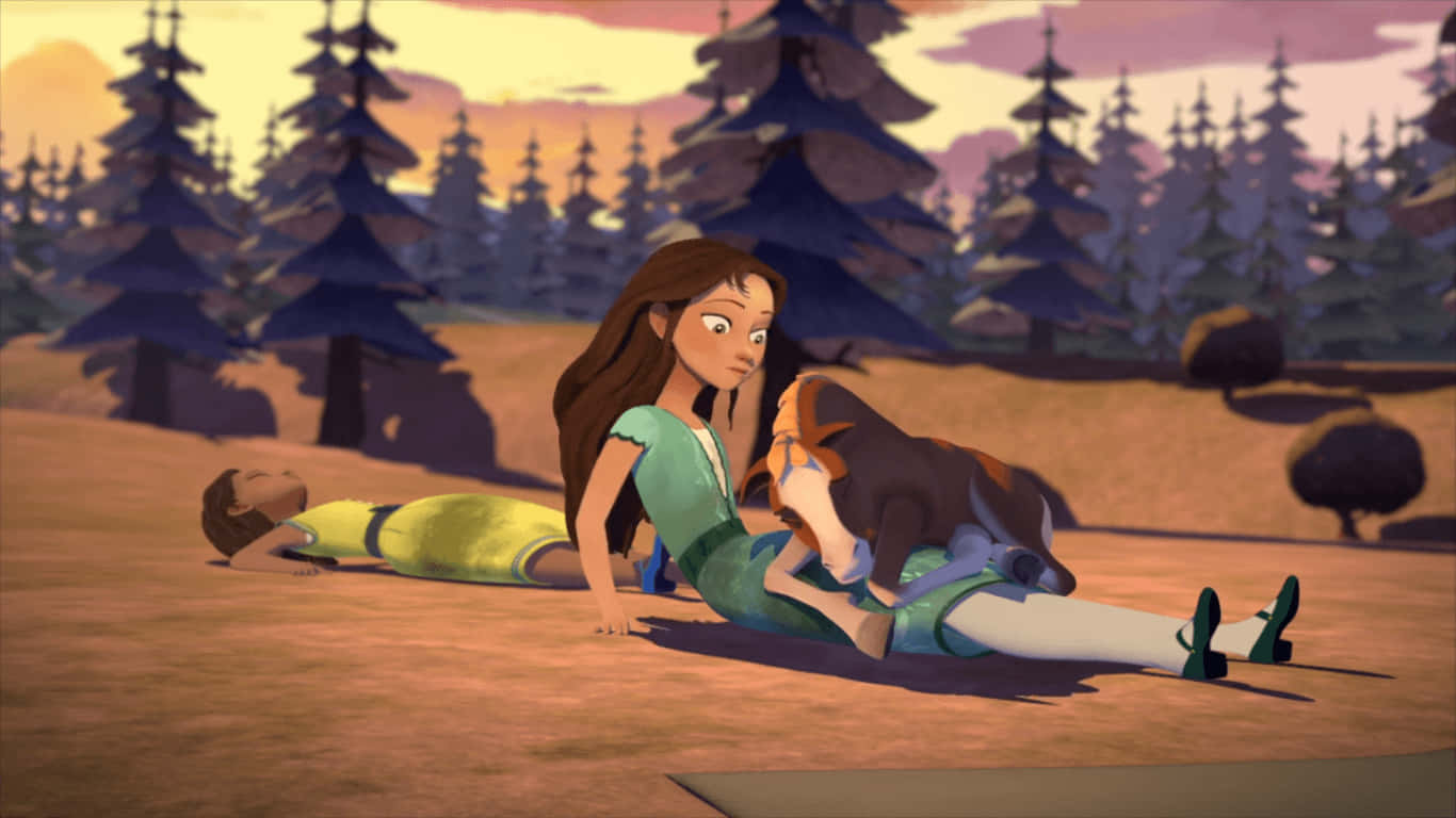 A Girl And A Boy Are Laying On The Ground In A Forest