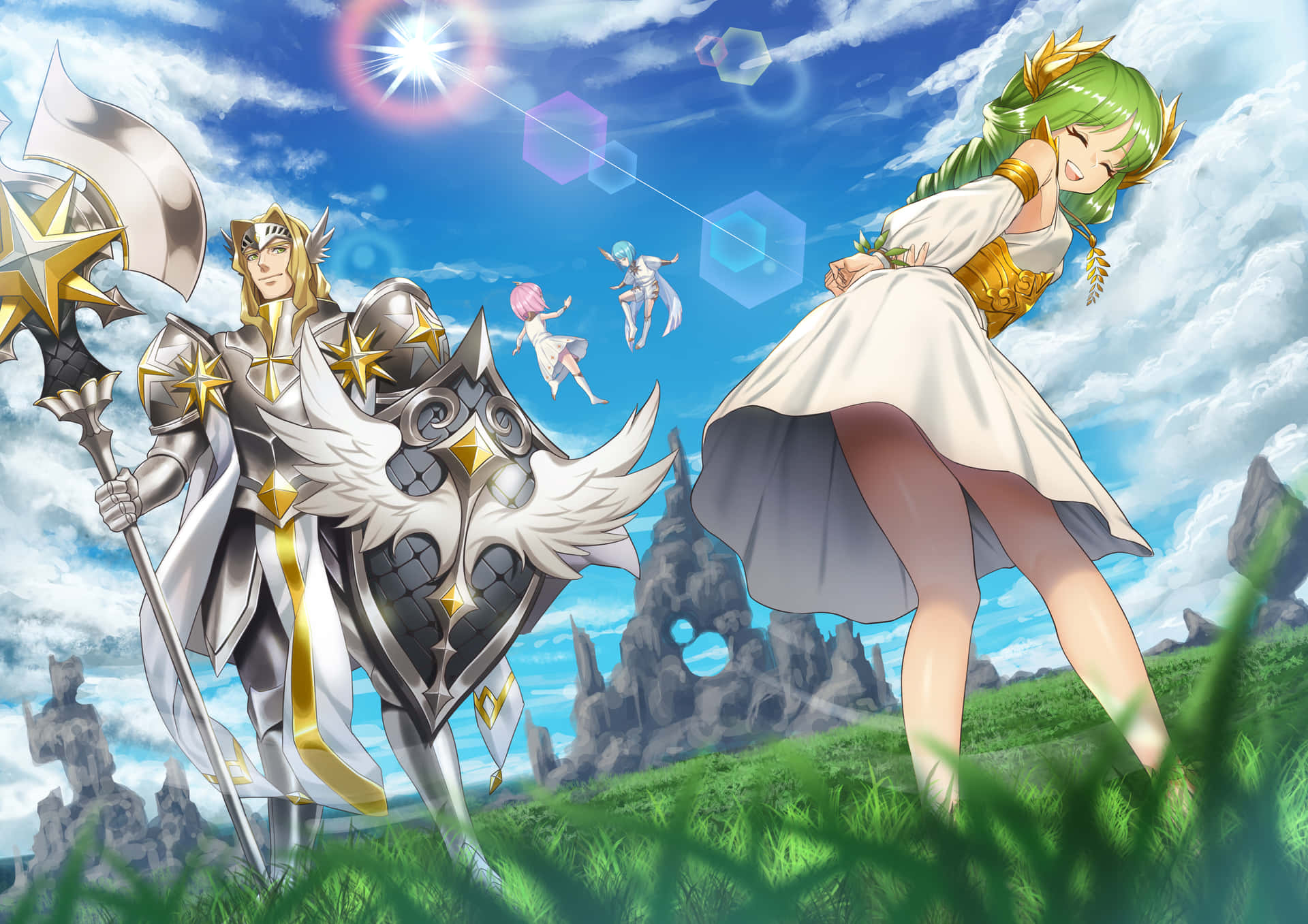 A Girl And A Boy In A Field With A Sword Background