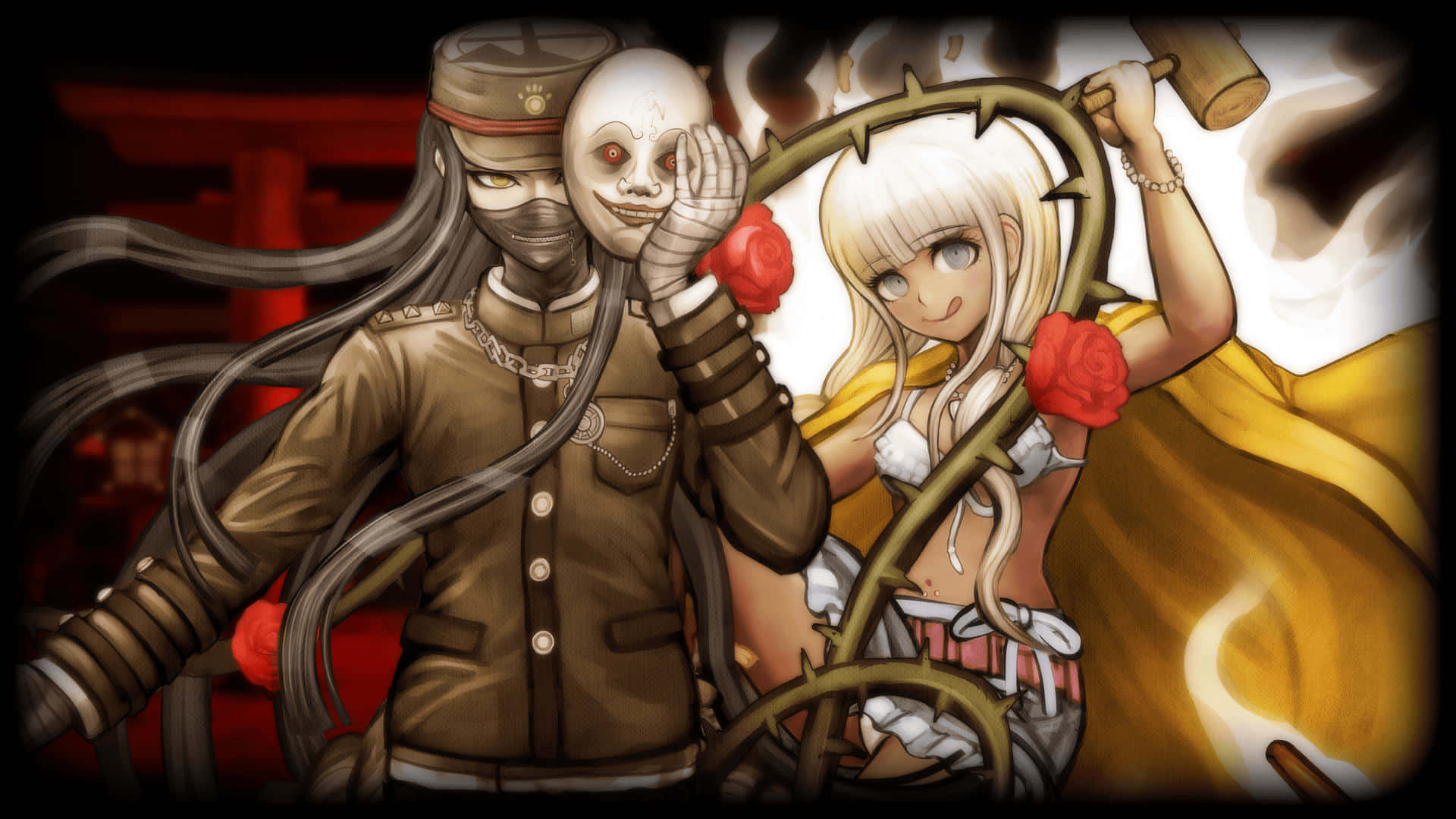 A Girl And A Man With Long Hair And A Mask Background
