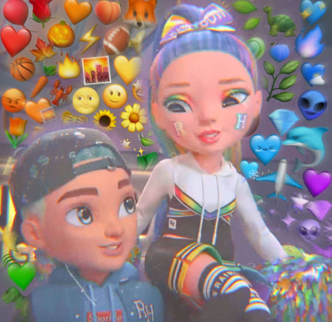 A Girl And Boy Are Sitting On A Couch With A Lot Of Emojis Background