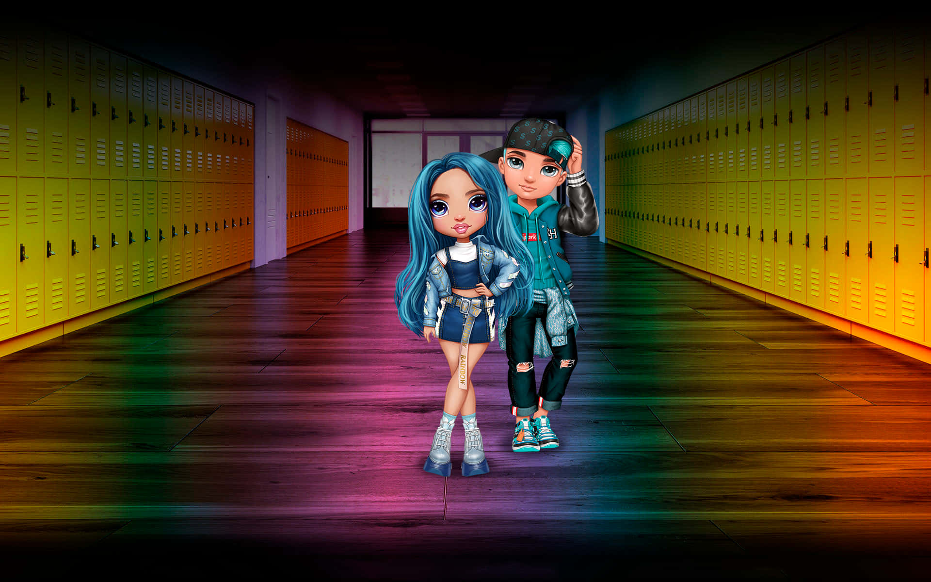 A Girl And Boy Standing In A Hallway Background