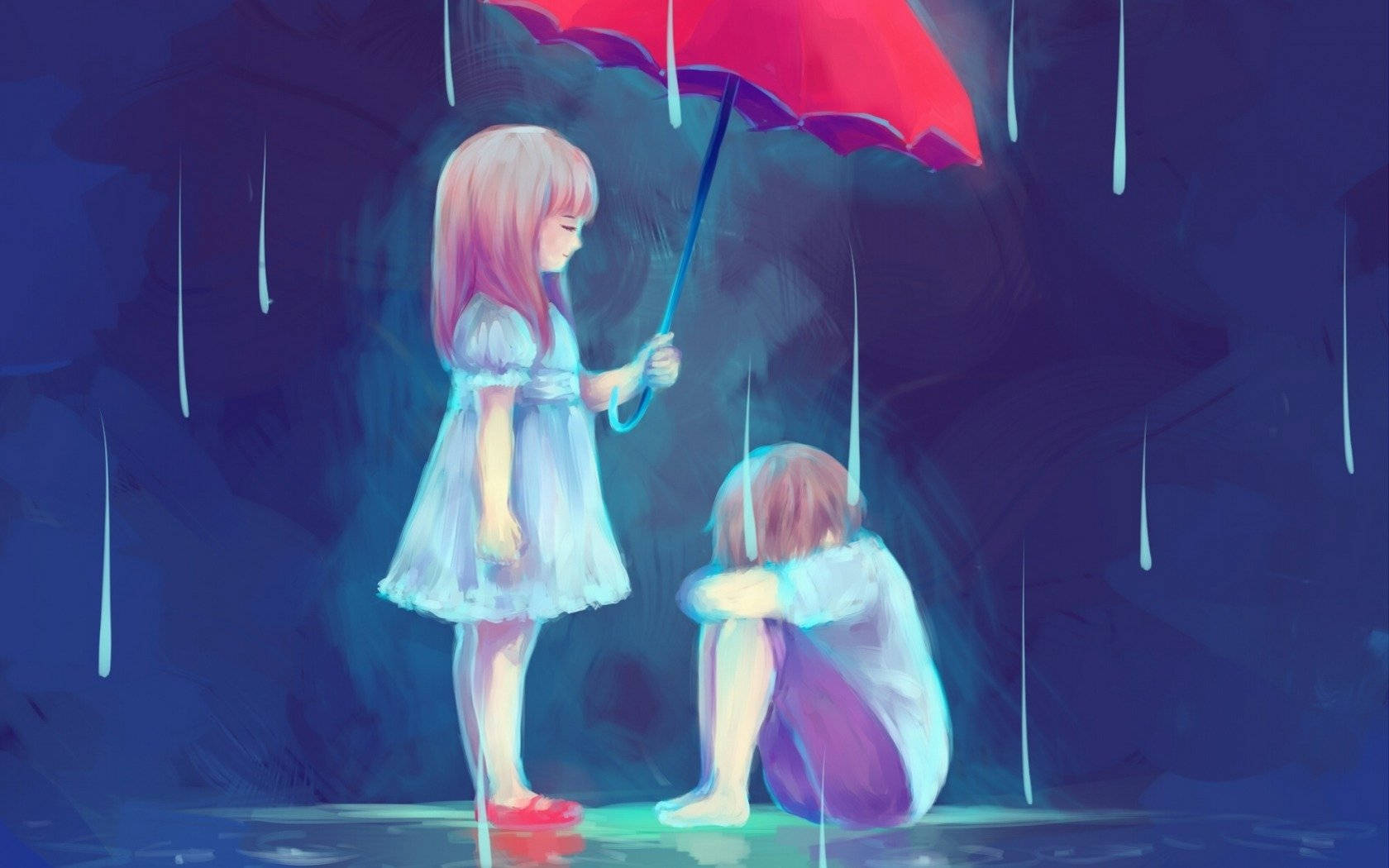 A Girl And Boy Standing In The Rain With An Umbrella
