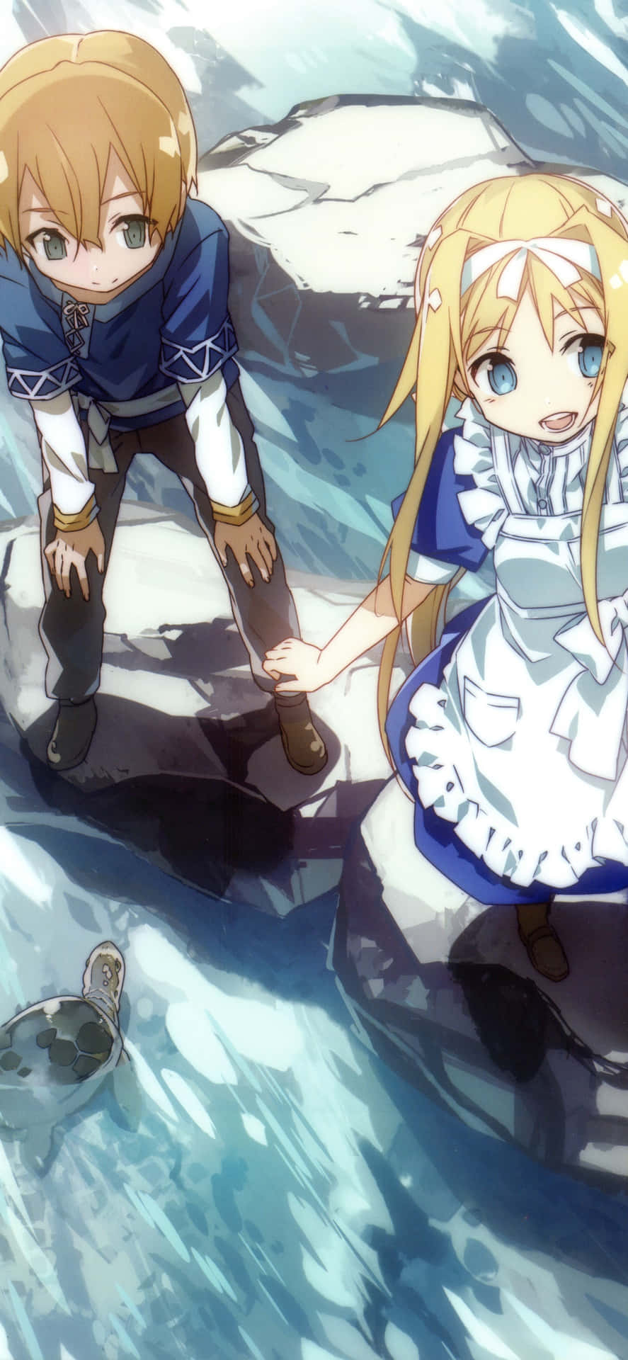 A Girl And Boy Standing On Rocks In The Water Background