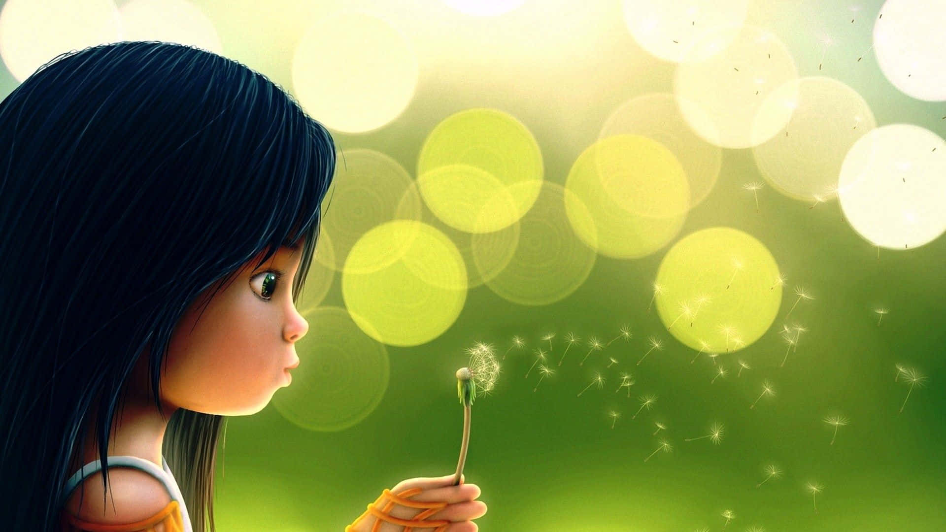 A Girl Blowing A Dandelion In The Grass Background