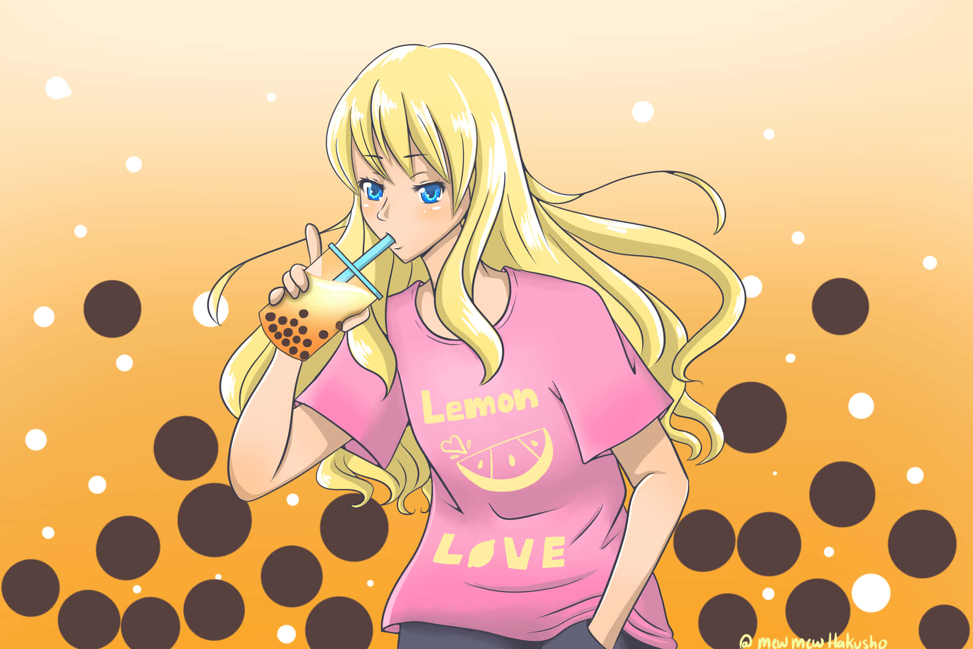 A Girl Drinking A Lemonade With Polka Dots Background