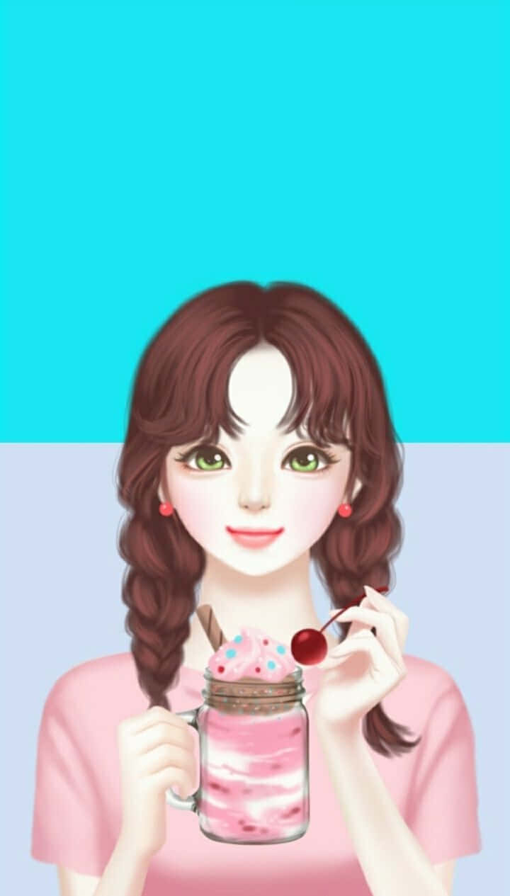 A Girl Holding A Cup Of Ice Cream And A Spoon Background