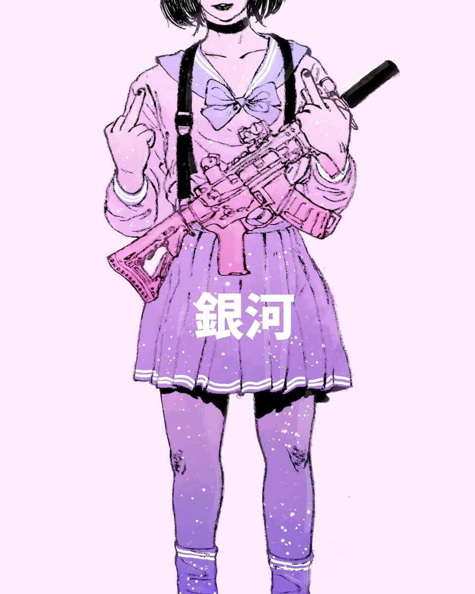 A Girl Holding A Gun In A Purple Skirt Background