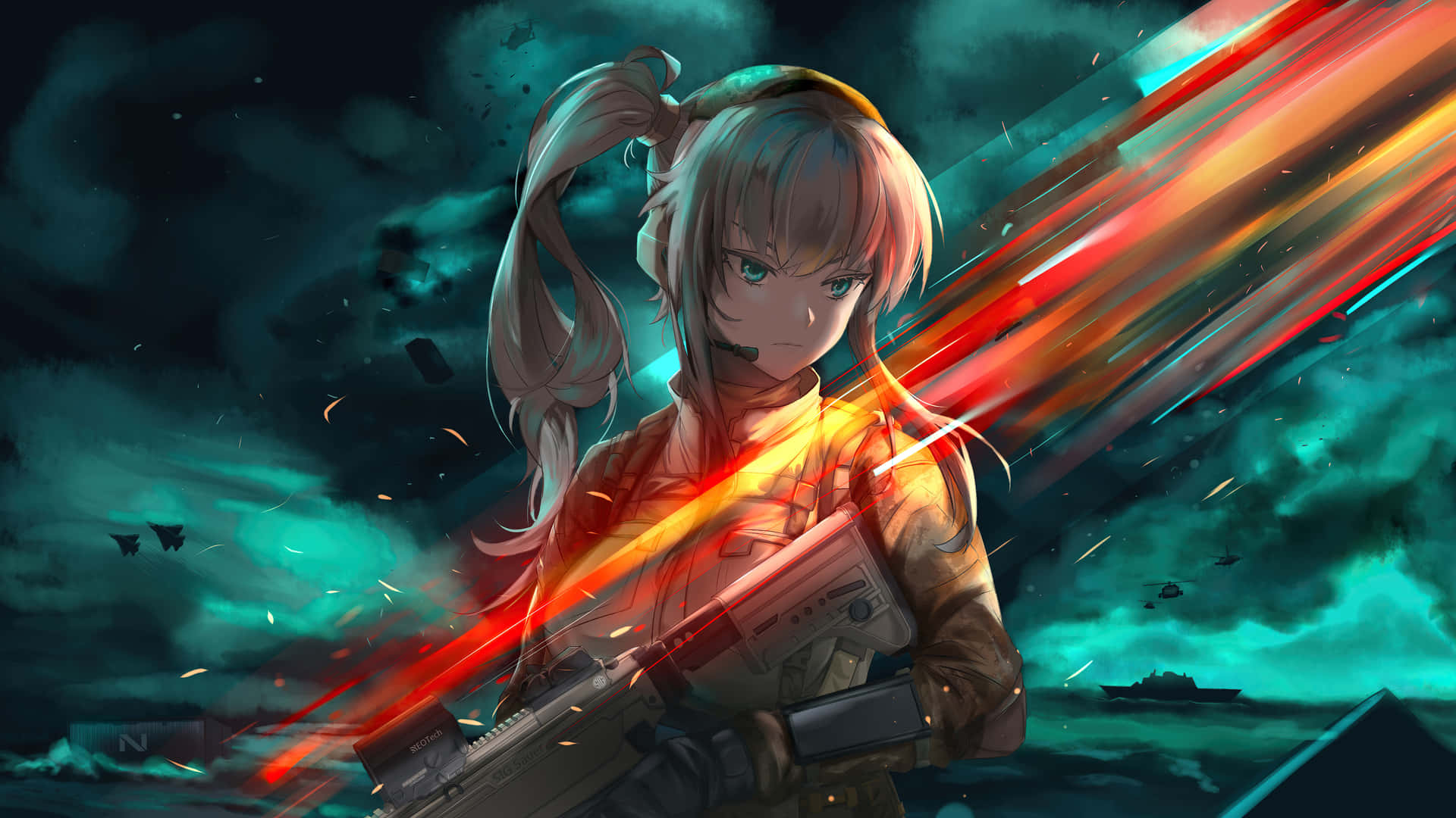 A Girl Holding A Gun In Front Of A Dark Background Background
