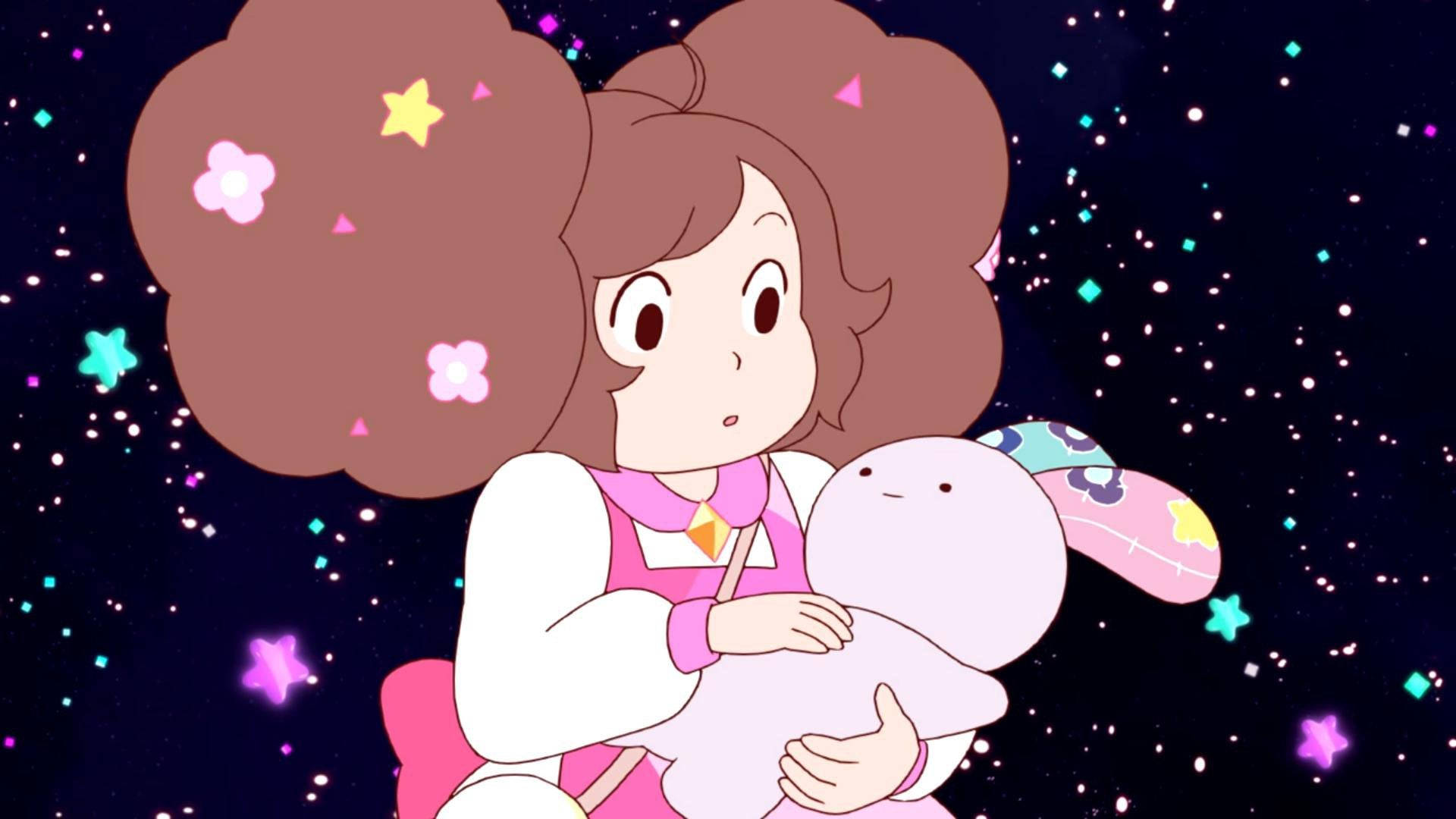 A Girl Holding A Stuffed Animal In Front Of A Starry Sky Background