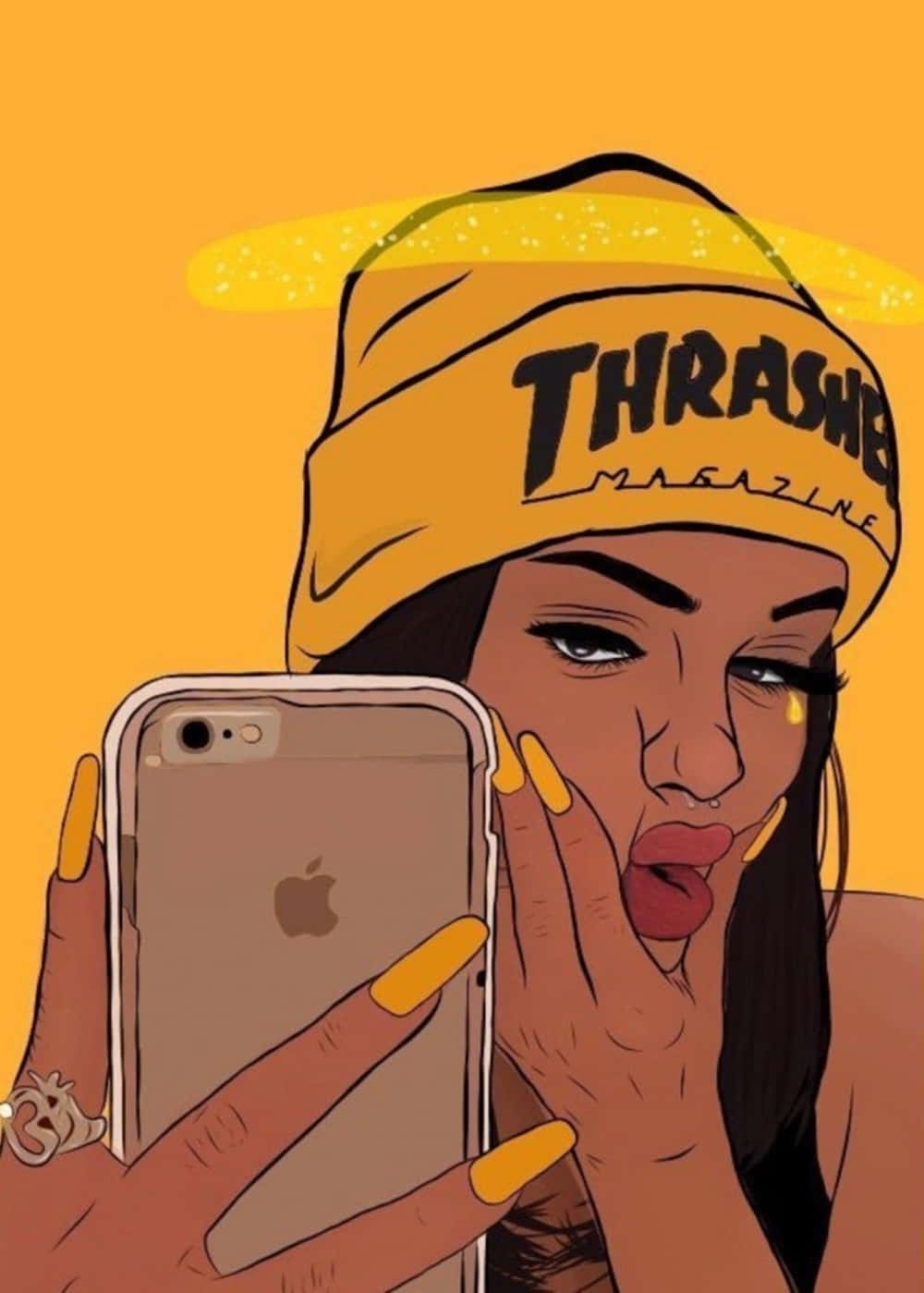 A Girl Holding A Yellow Hat And Taking A Picture With Her Phone