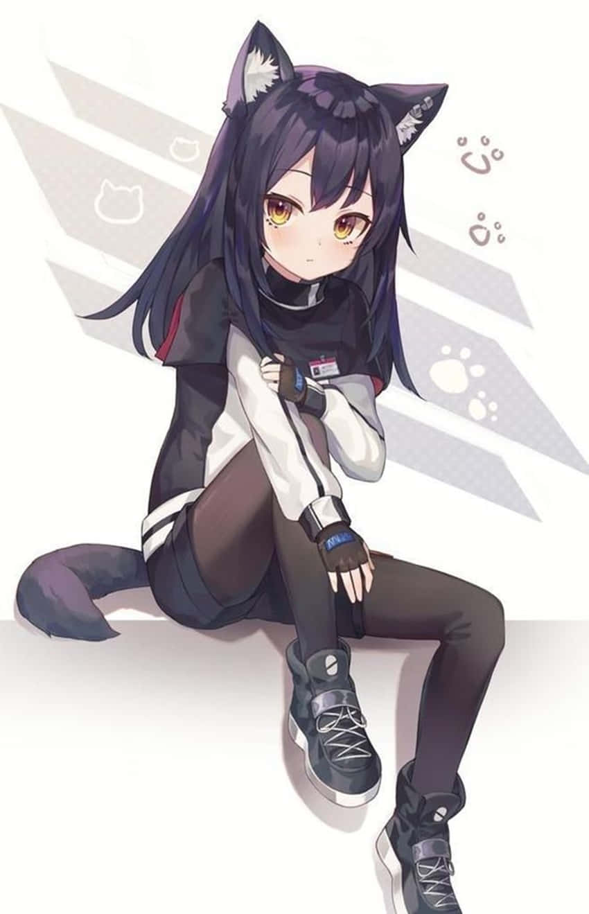 A Girl In A Black Cat Outfit Sitting On A Wall Background