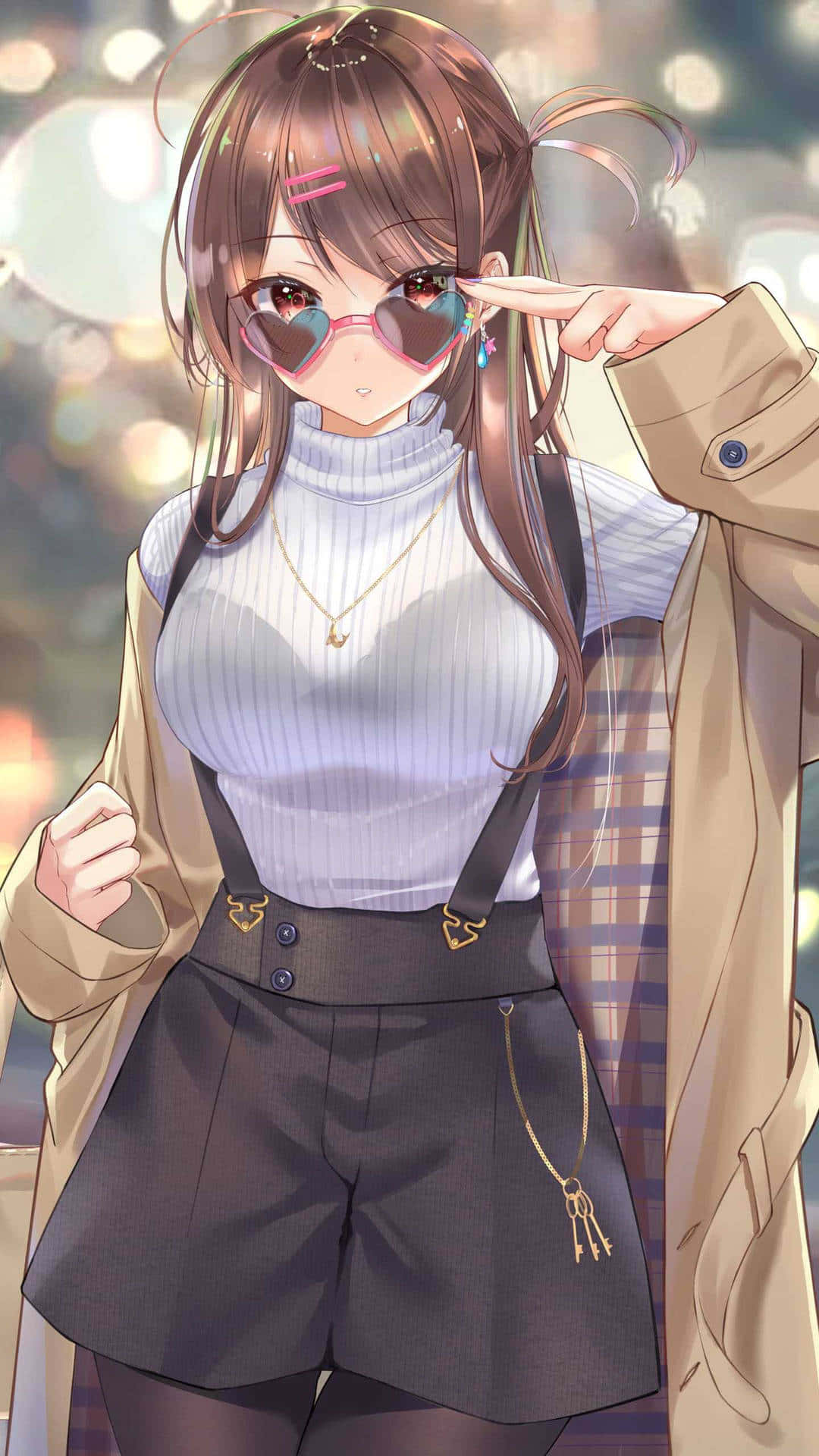 A Girl In A Black Coat And Shorts Is Posing Background