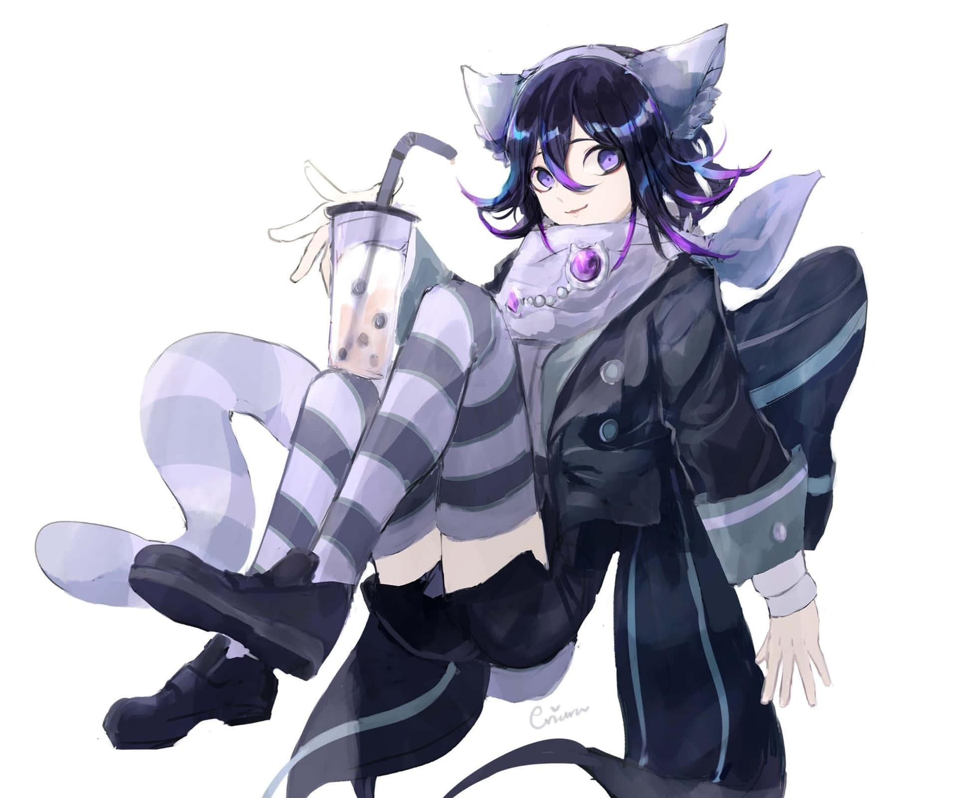 A Girl In A Black Coat And Striped Pants Is Holding A Cup