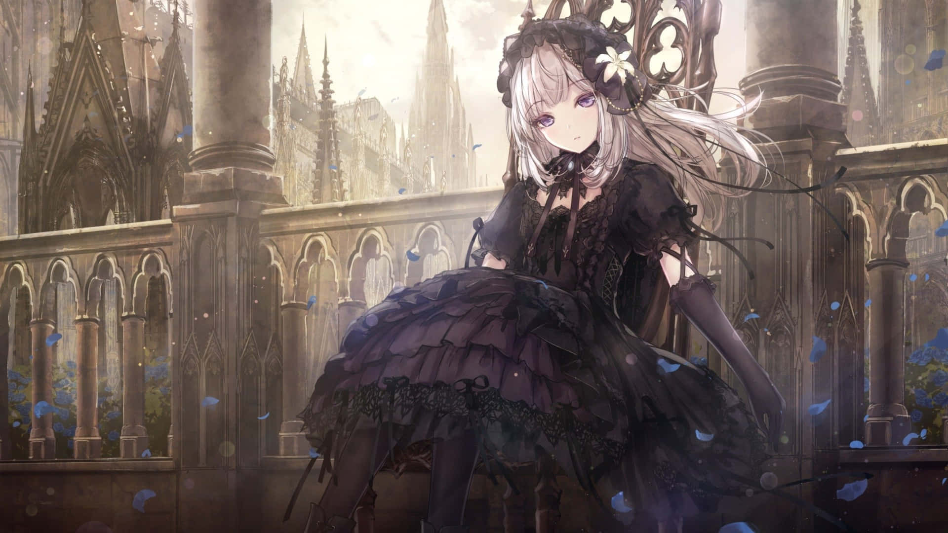 A Girl In A Black Dress Sitting On A Throne Background