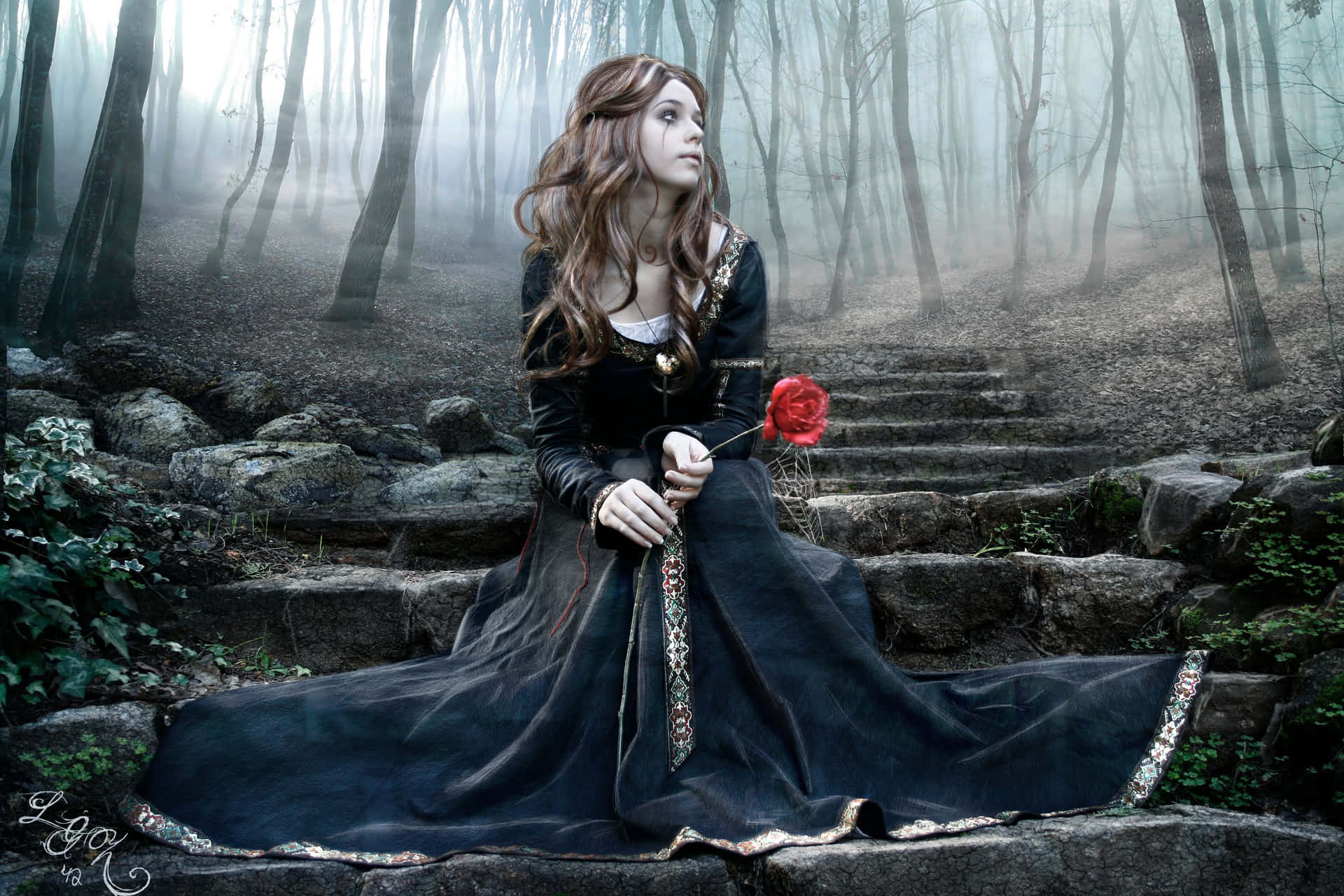 A Girl In A Black Dress Sitting On Steps In The Woods Background