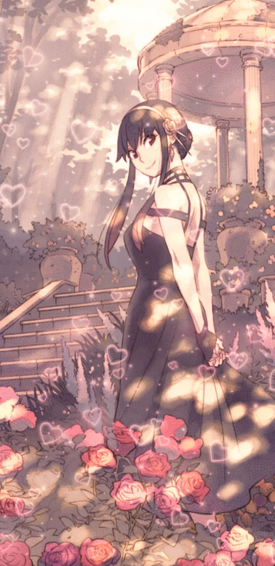 A Girl In A Black Dress Standing In A Garden Background