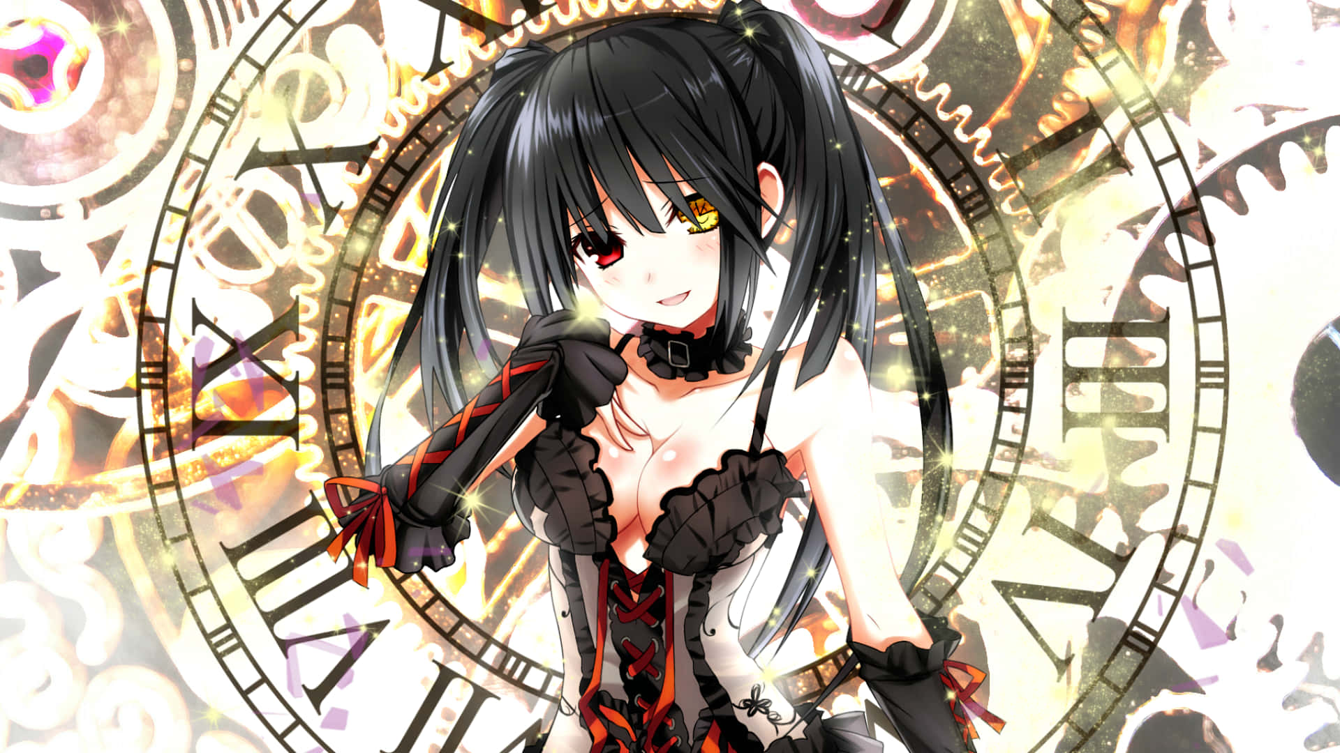 A Girl In A Black Dress Standing In Front Of A Clock Background