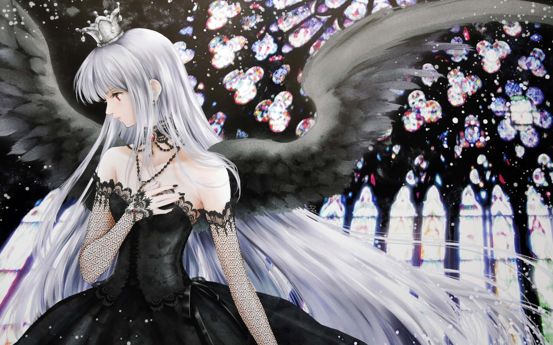 A Girl In A Black Dress With Wings Background