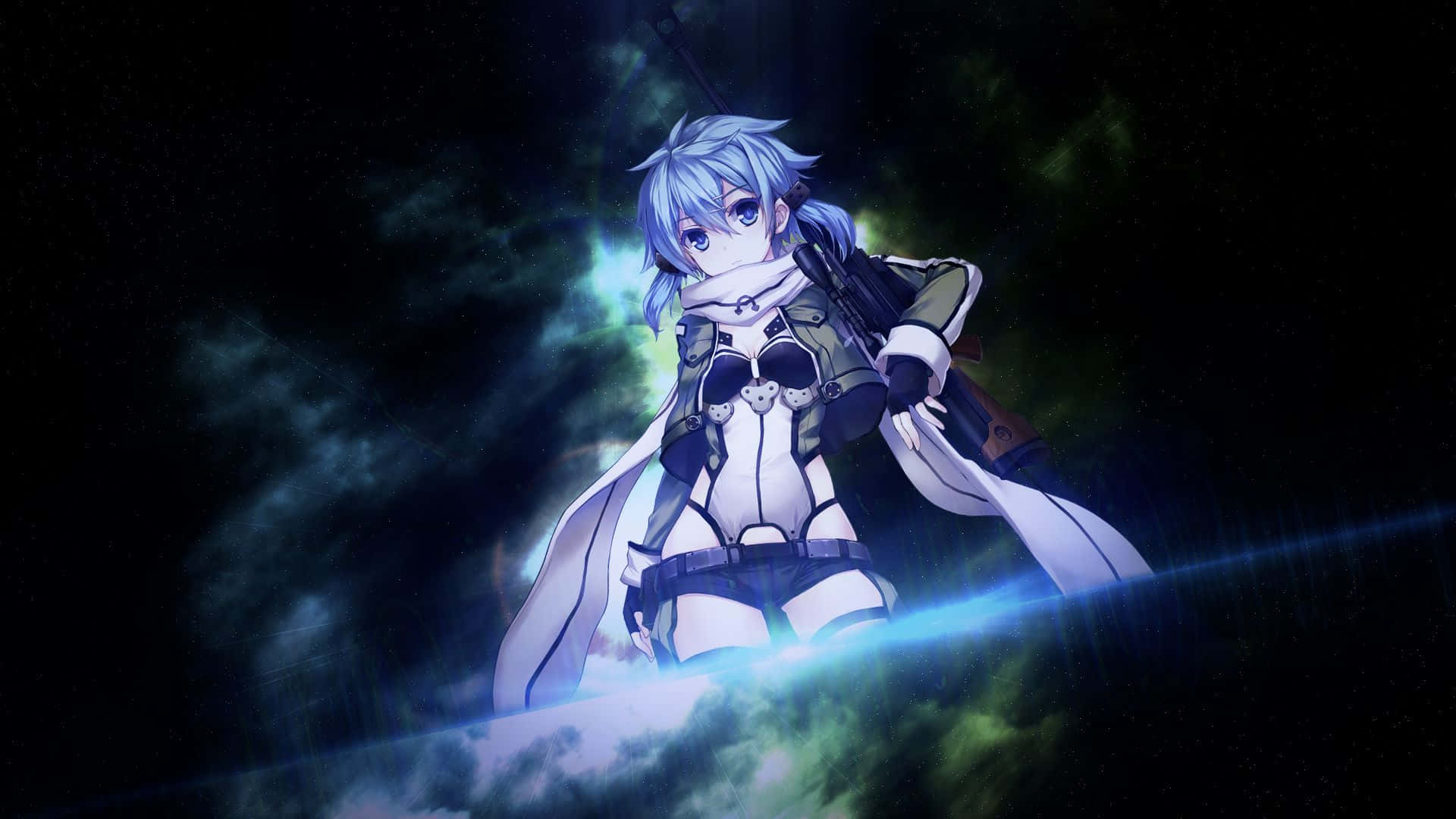 A Girl In A Blue Costume Standing In The Dark Background