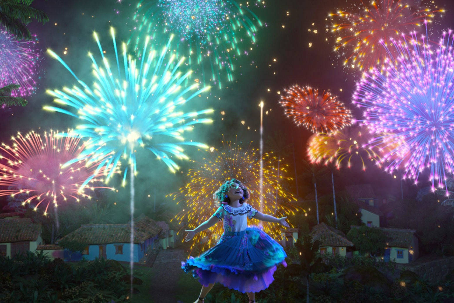 A Girl In A Blue Dress Is Dancing In Front Of Fireworks Background