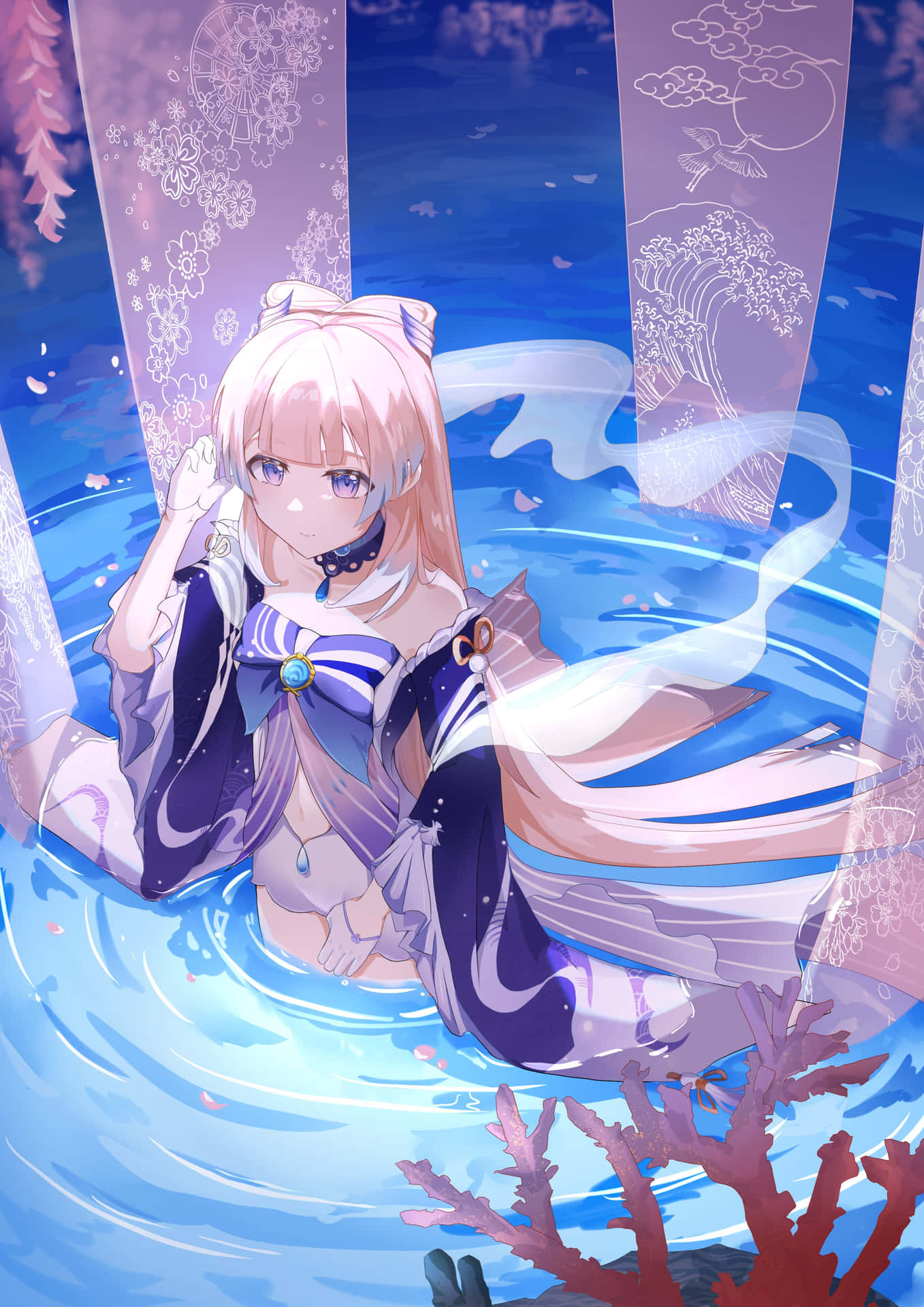 A Girl In A Blue Dress Is Floating In Water Background