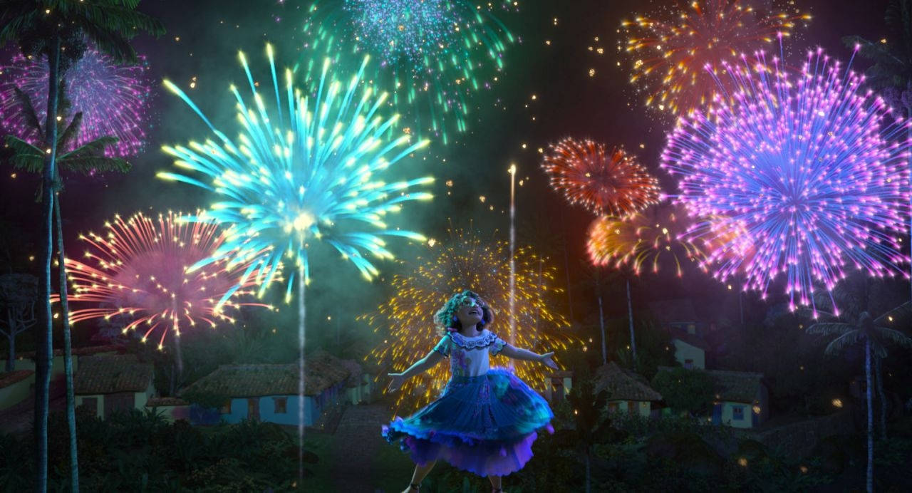 A Girl In A Blue Dress Is Flying In The Air With Fireworks Background