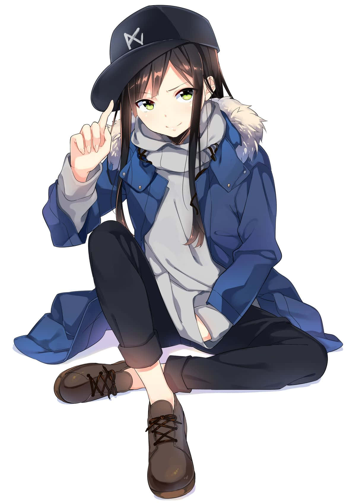 A Girl In A Blue Jacket And Hat Sitting Down