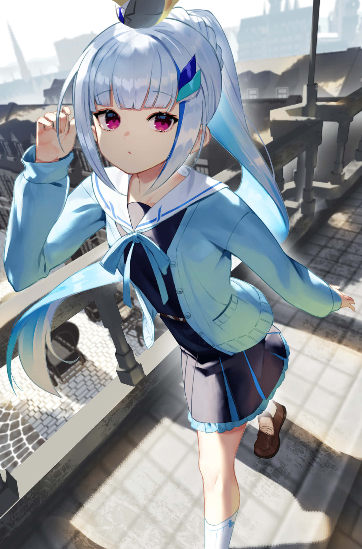 A Girl In A Blue Uniform Is Walking On A Bridge Background