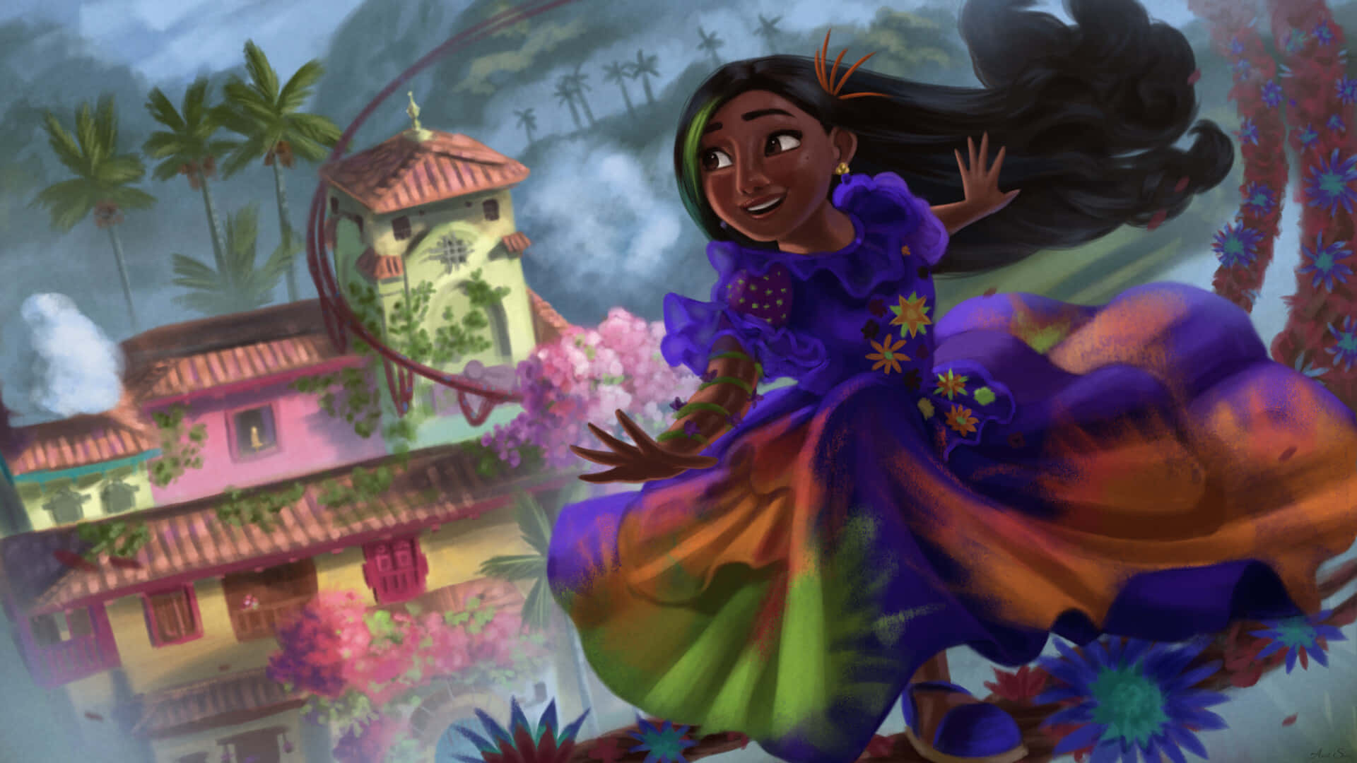 A Girl In A Colorful Dress Flying Over A Colorful House Background