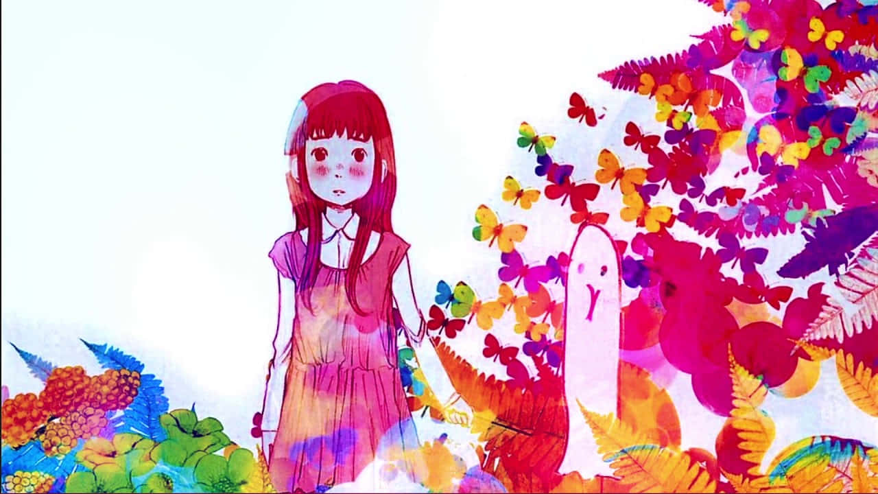 A Girl In A Colorful Dress Is Standing In A Field Of Flowers Background