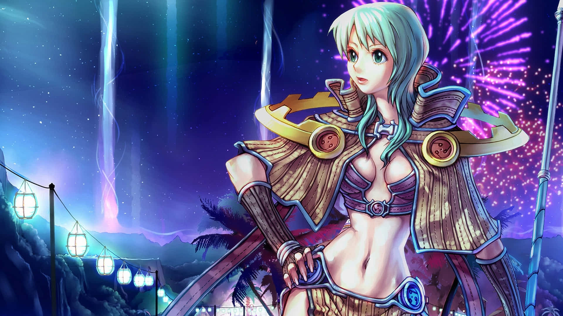 A Girl In A Costume With A Sword And Fireworks Background