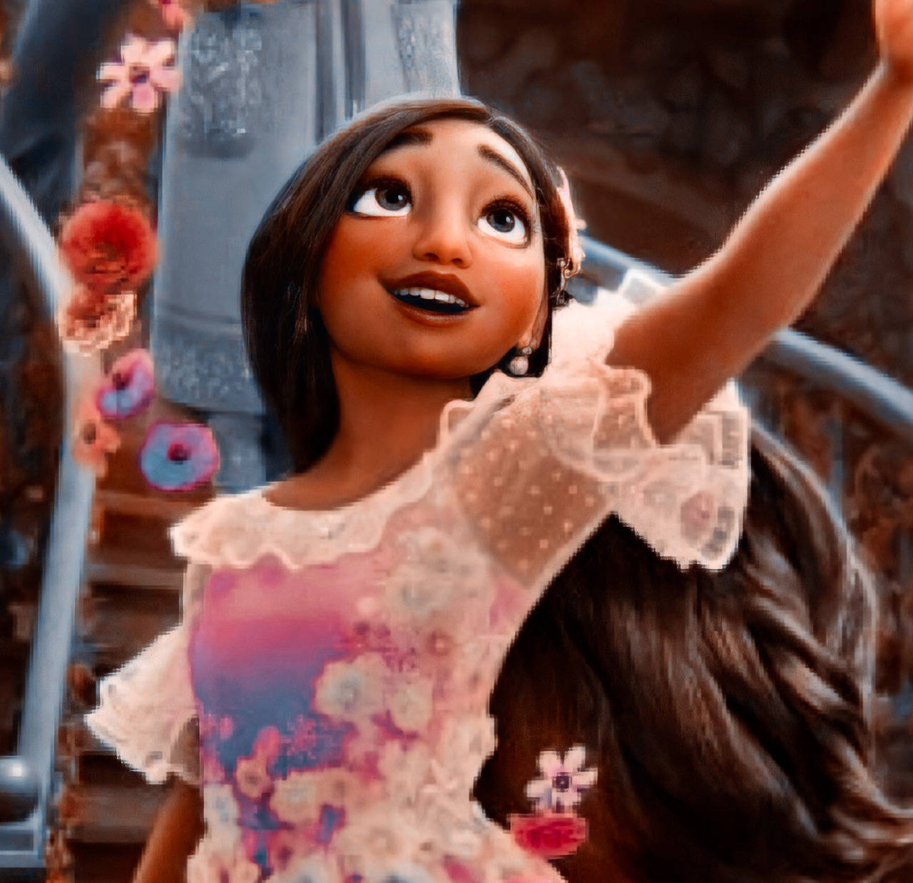 A Girl In A Dress Is Waving To The Camera Background