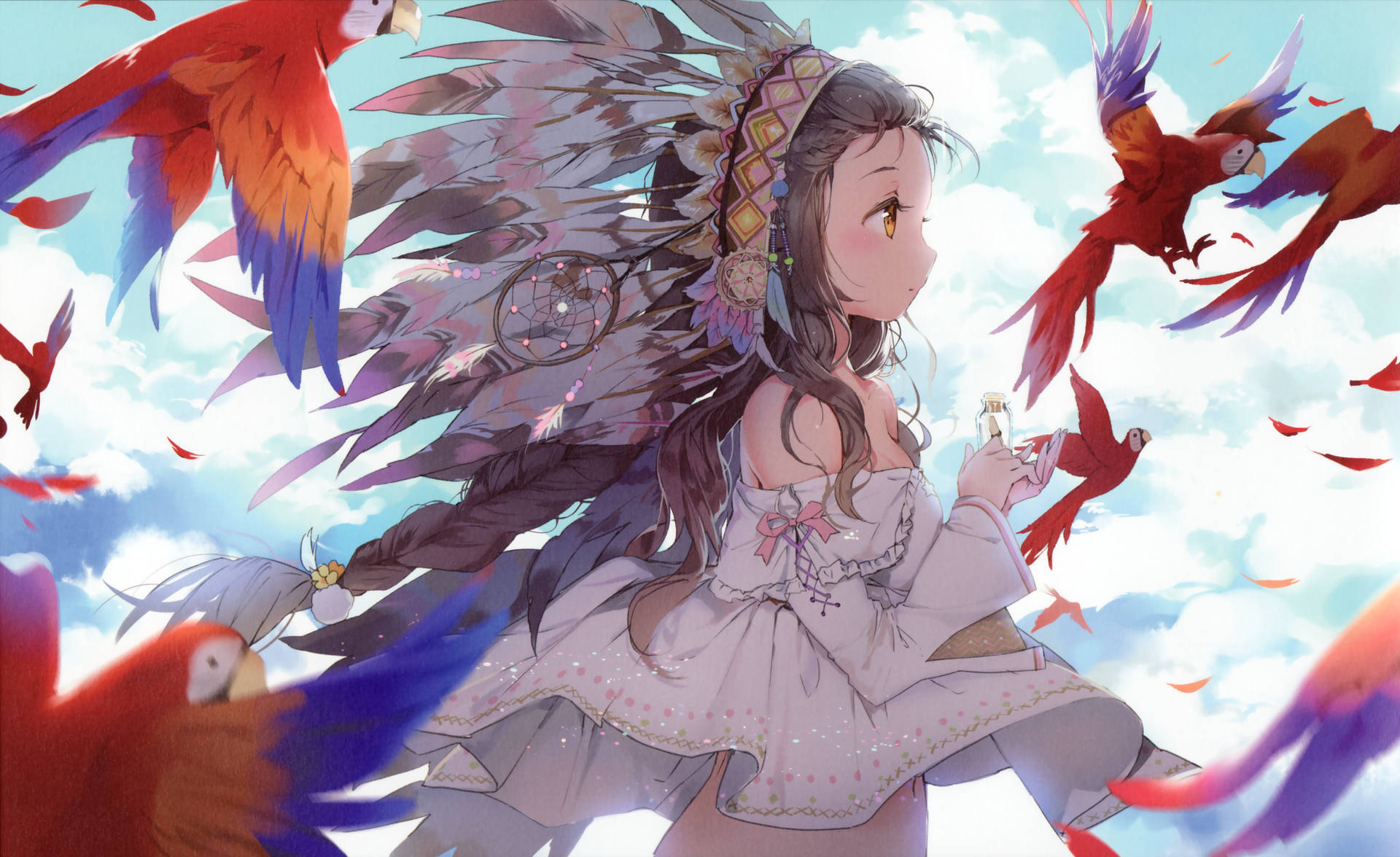 A Girl In A Feathered Headdress With Birds Flying Around Her Background