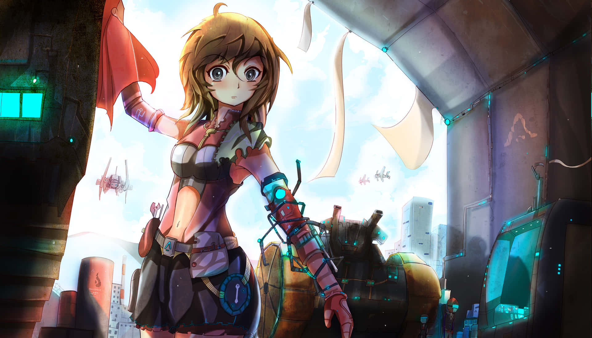 A Girl In A Futuristic Setting With A Robot Background