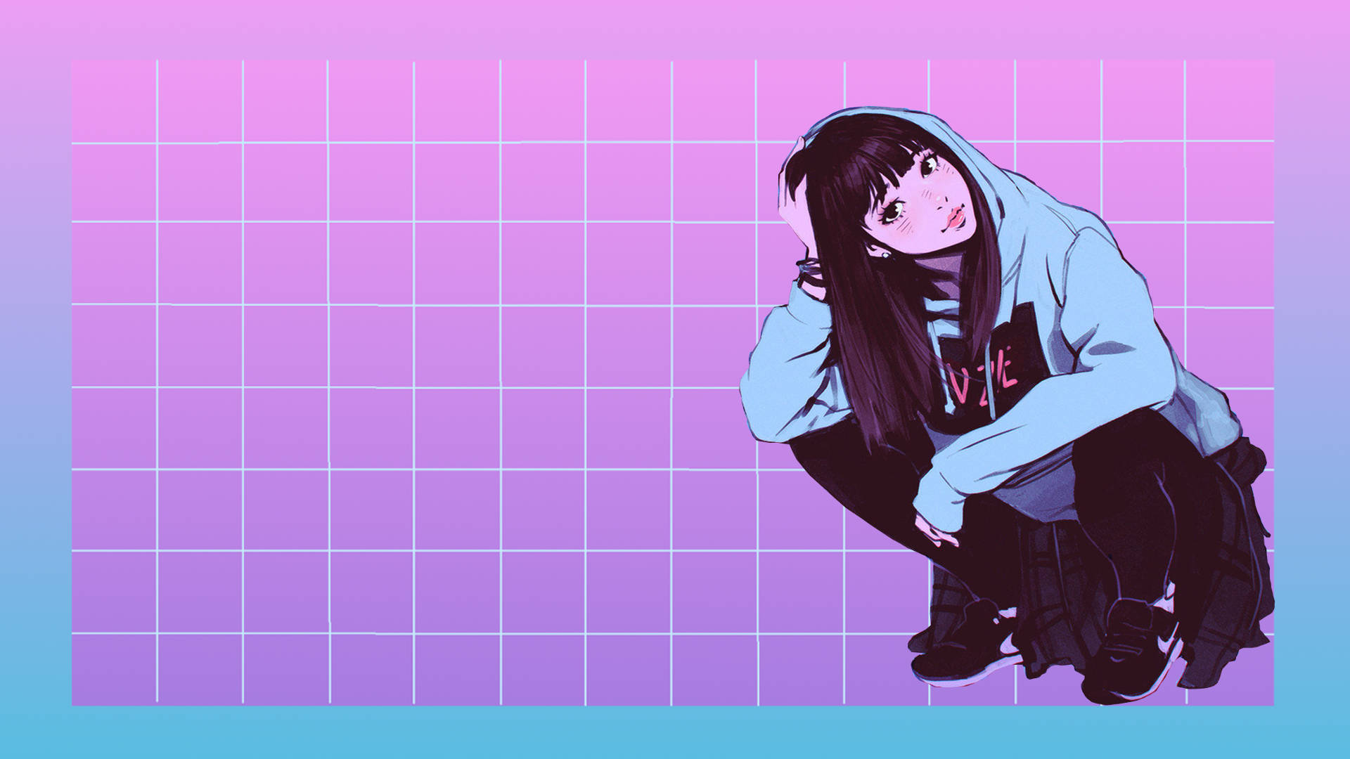 A Girl In A Hoodie Is Kneeling Down On A Pink And Blue Background Background