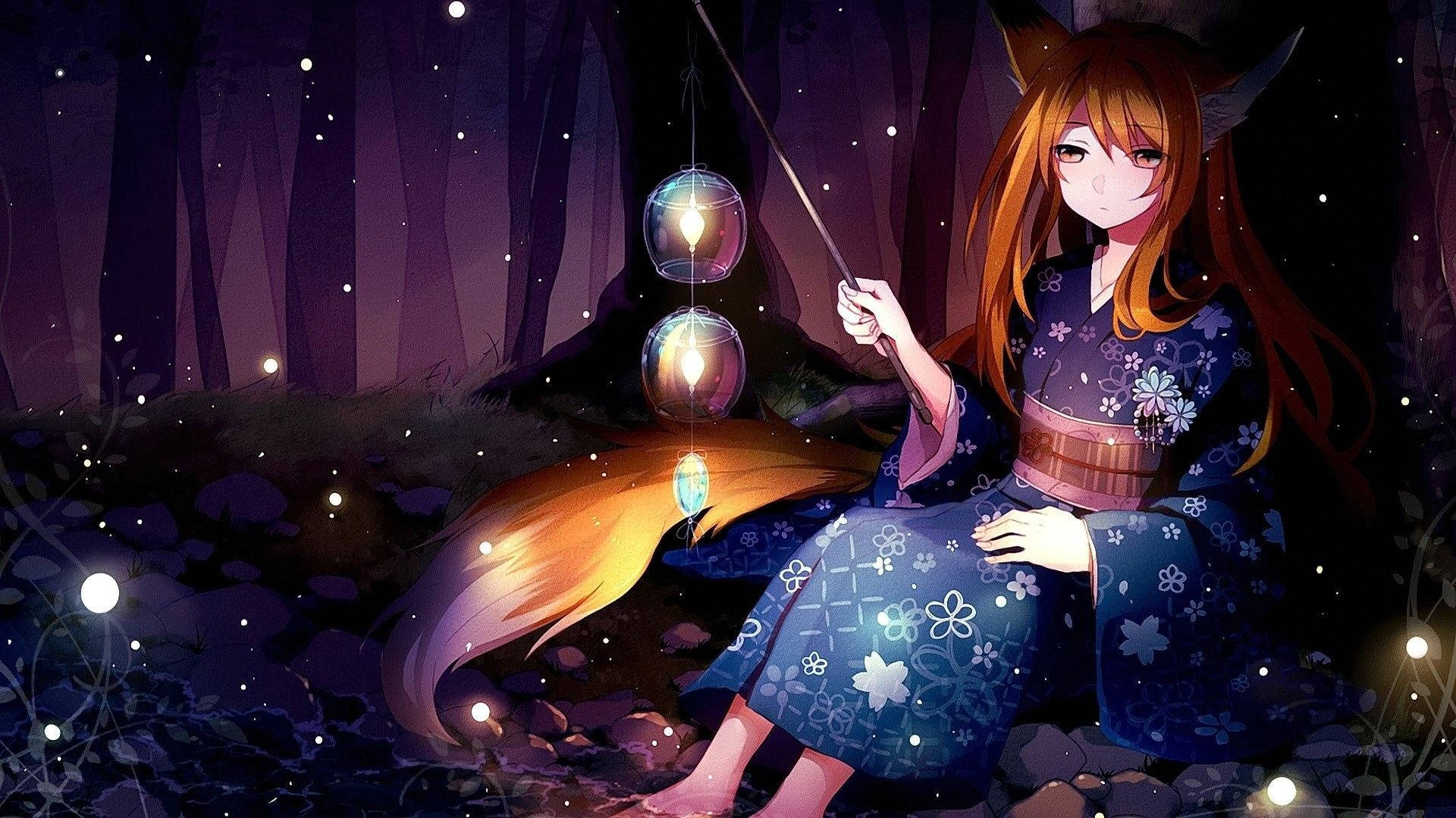 A Girl In A Long Dress Sitting In The Woods With Lanterns