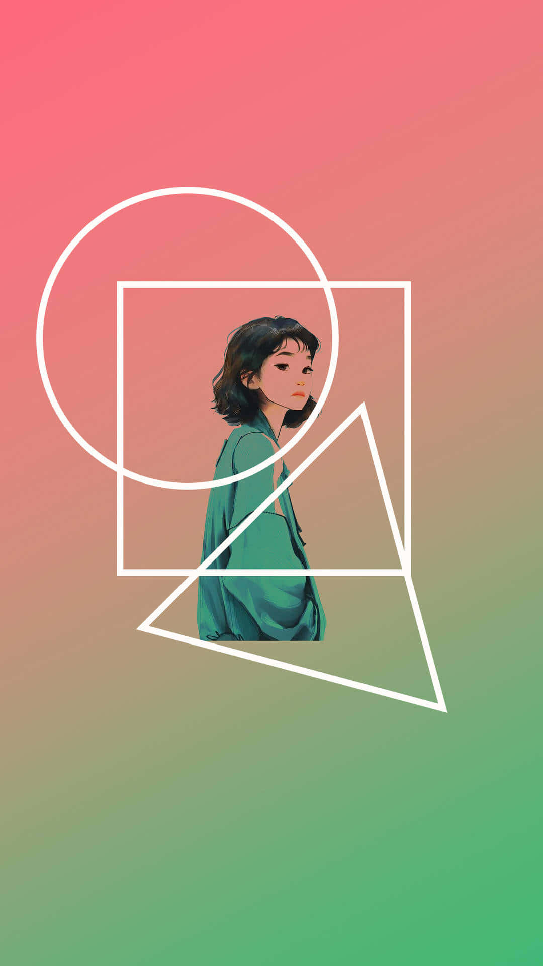 A Girl In A Pink And Green Background With A Geometric Frame Background