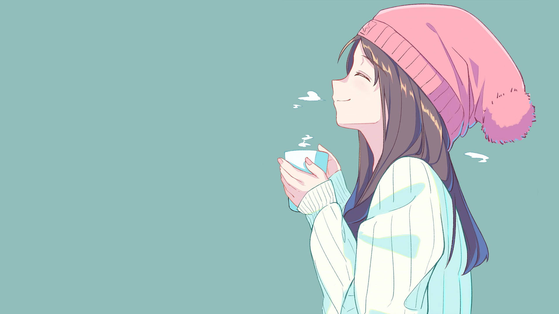 A Girl In A Pink Hat Drinking Coffee Background