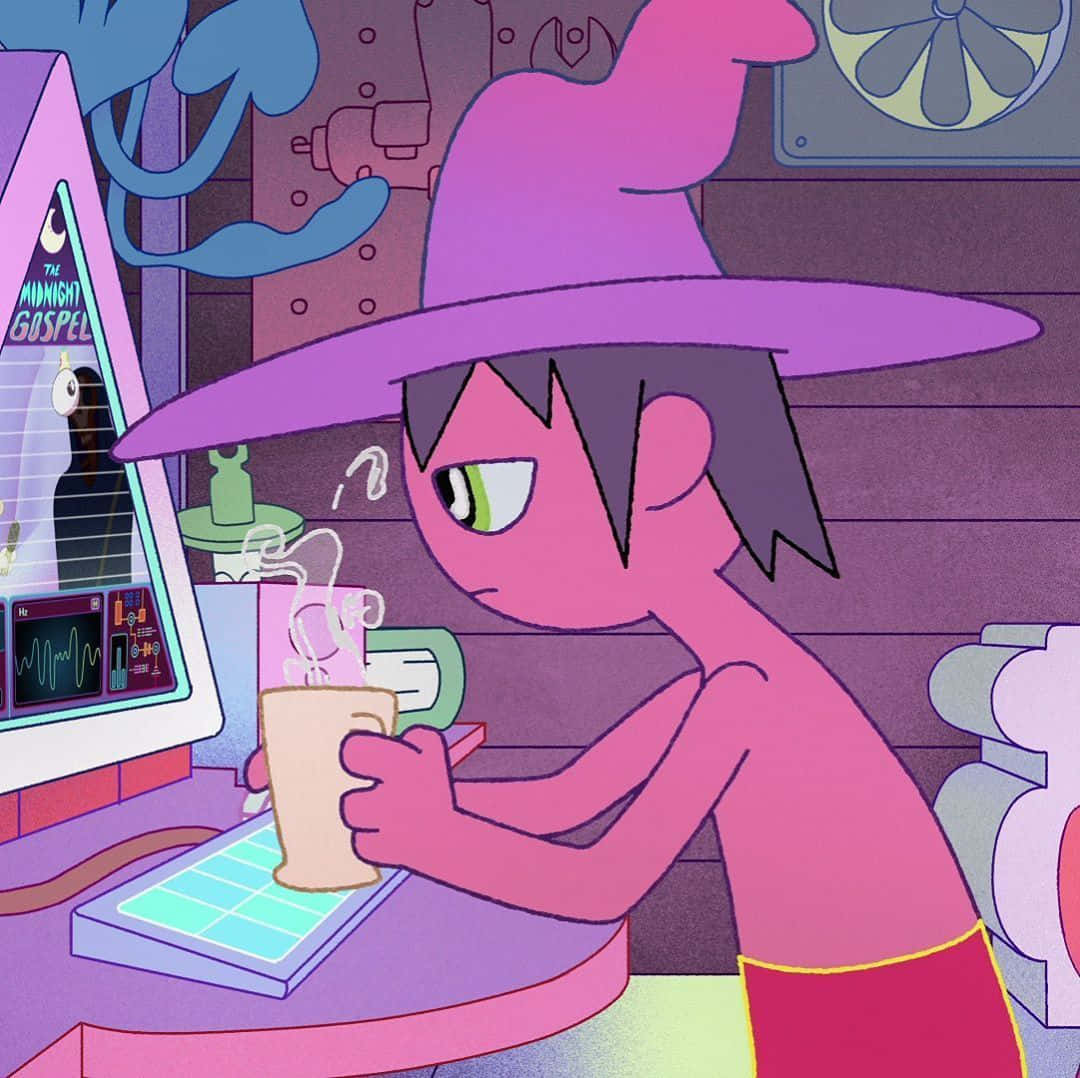 A Girl In A Pink Hat Is Sitting At A Computer Background