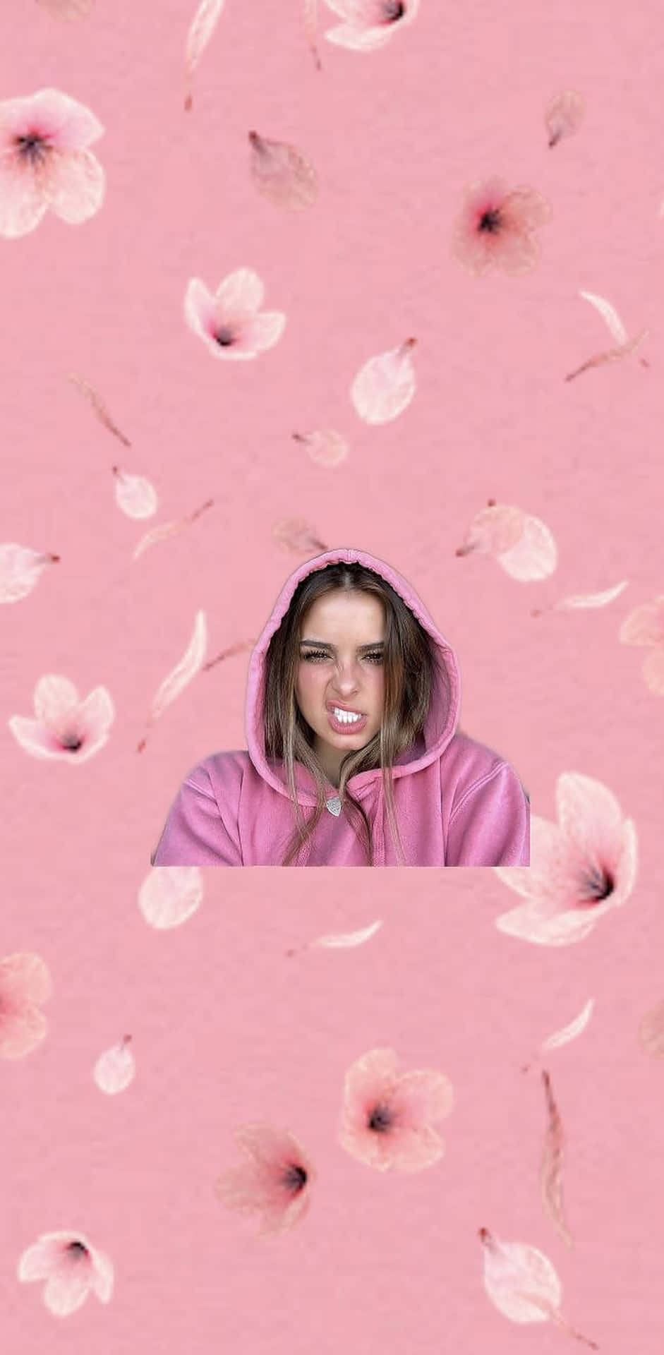 A Girl In A Pink Hoodie With Flowers On Her Face Background